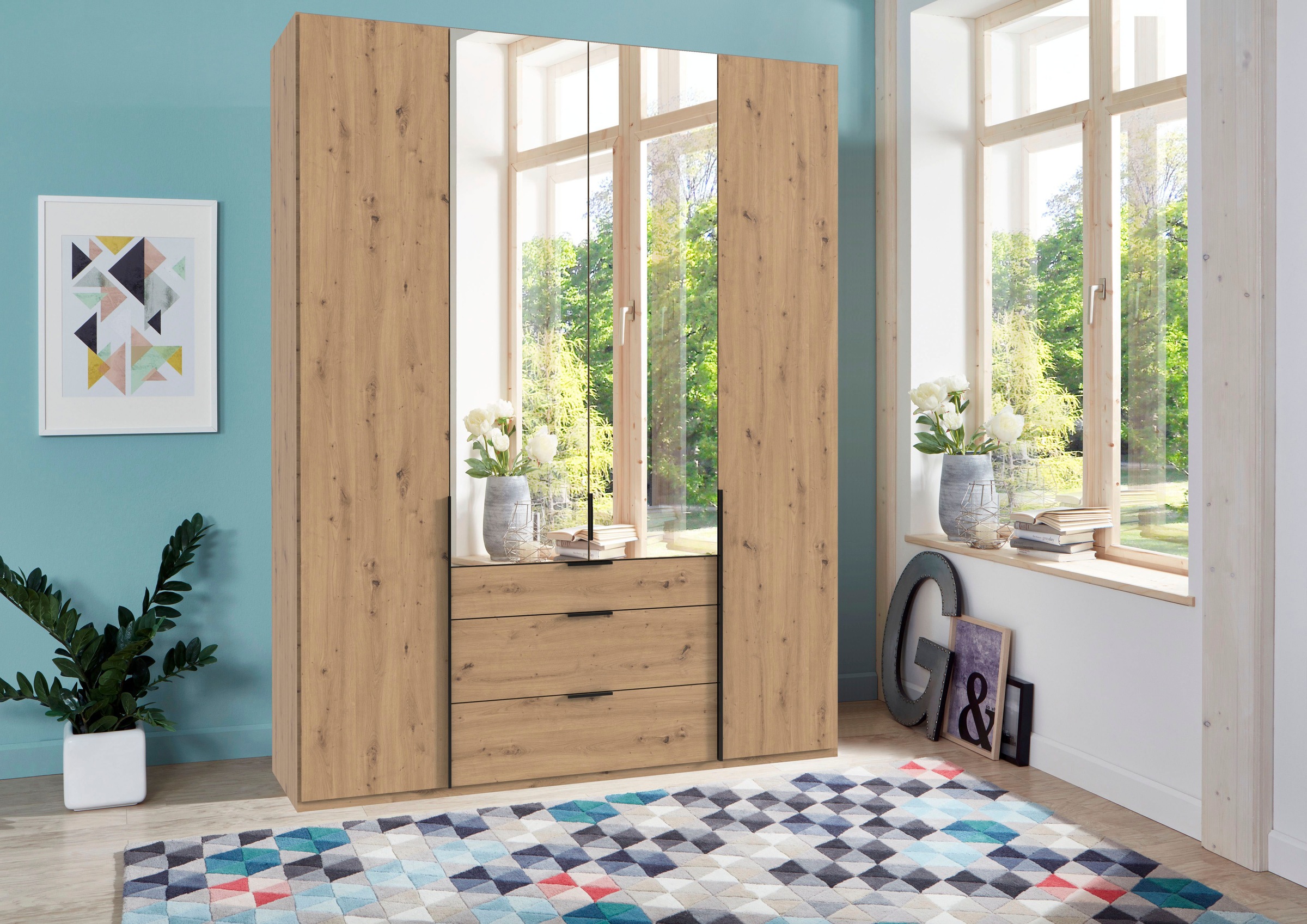 Wimex Drehtürenschrank »Mugano, 135 oder 180cm breit, 208 oder 236cm hoch, Made in Germany«, (mit langen Griffstangen aus Metall), wahlweise mit oder ohne Spiegel, mit Schubladen