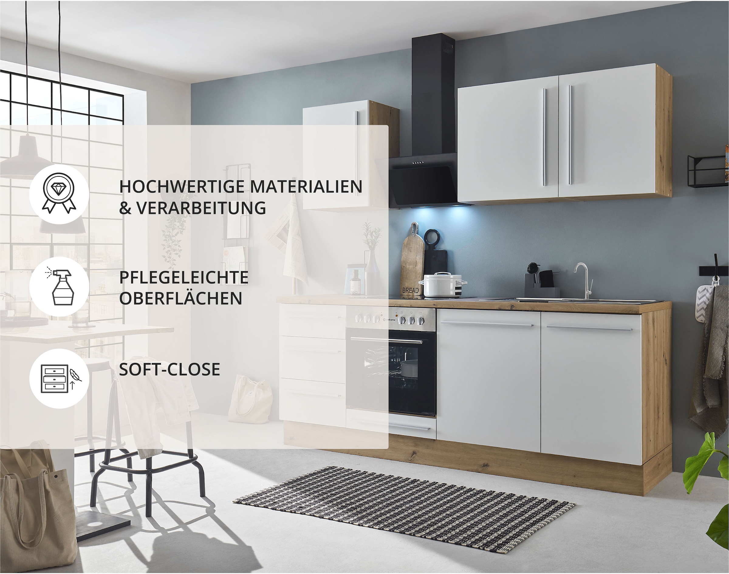 KOCHSTATION Küchenzeile »KS-Florida mit 38mm starker Arbeitsplatte« Breite 220 cm, wahlweise mit E-Geräten, Soft-Close-Funktion