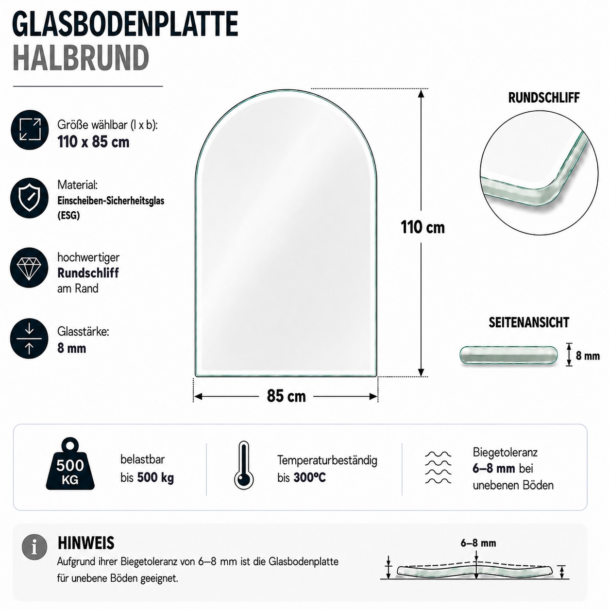 Hanseatic Bodenschutzplatte »Halbrund Glas 85x110x0,8« Funkenschutzplatte