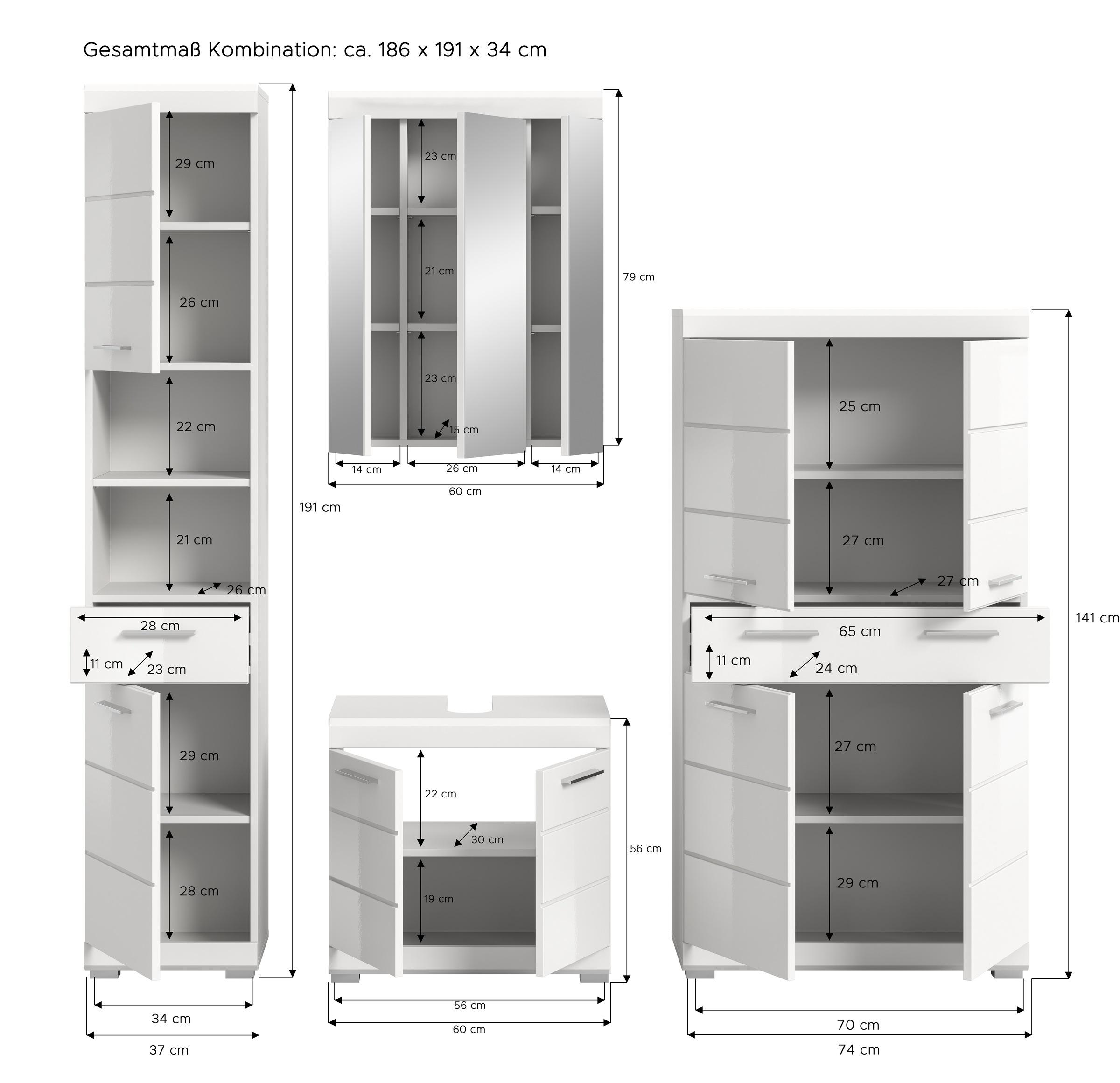 INOSIGN Badmöbel-Set »Siena, 4 teilig, bestehend aus:«, (Set), Hochschrank, Waschbeckenunterschrank, Spiegelschrank, Midischrank