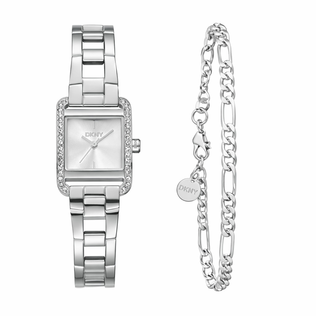 DKNY Quarzuhr »Mini square Watch Set« Armbanduhr, Damenuhr, Edelstahlarmband, Ideal auch als Geschenk