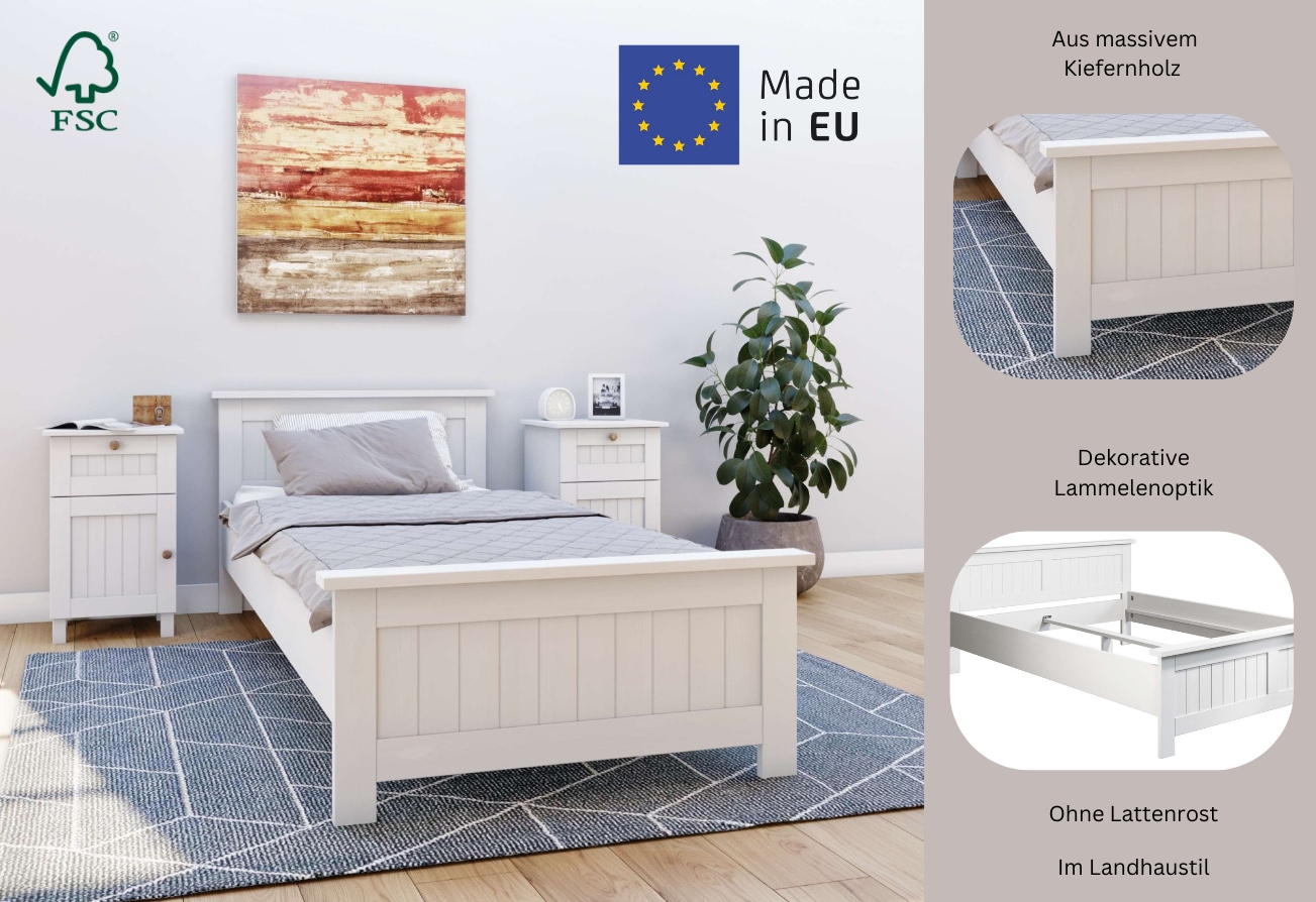 Home affaire Massivholzbett »Juventus, Bett, Massivholzbett, Holzbett, Bettrahmen«, (Breite/Belastbarkeit 140cm/180 KG), Breite 90 cm, aus massiver Kiefer, FSC®-zertifiziert
