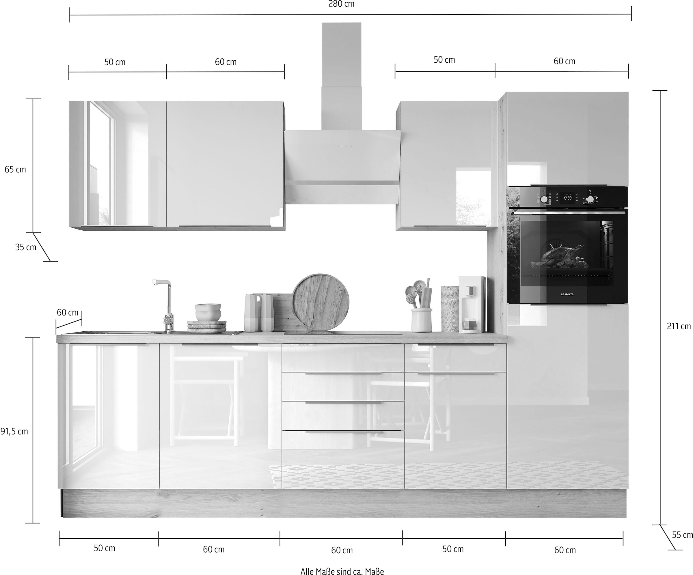 RESPEKTA Küchenzeile der aus Breite -Close Rechnung auf cm, Marleen«, mit Serie 280 kaufen Soft »Safado