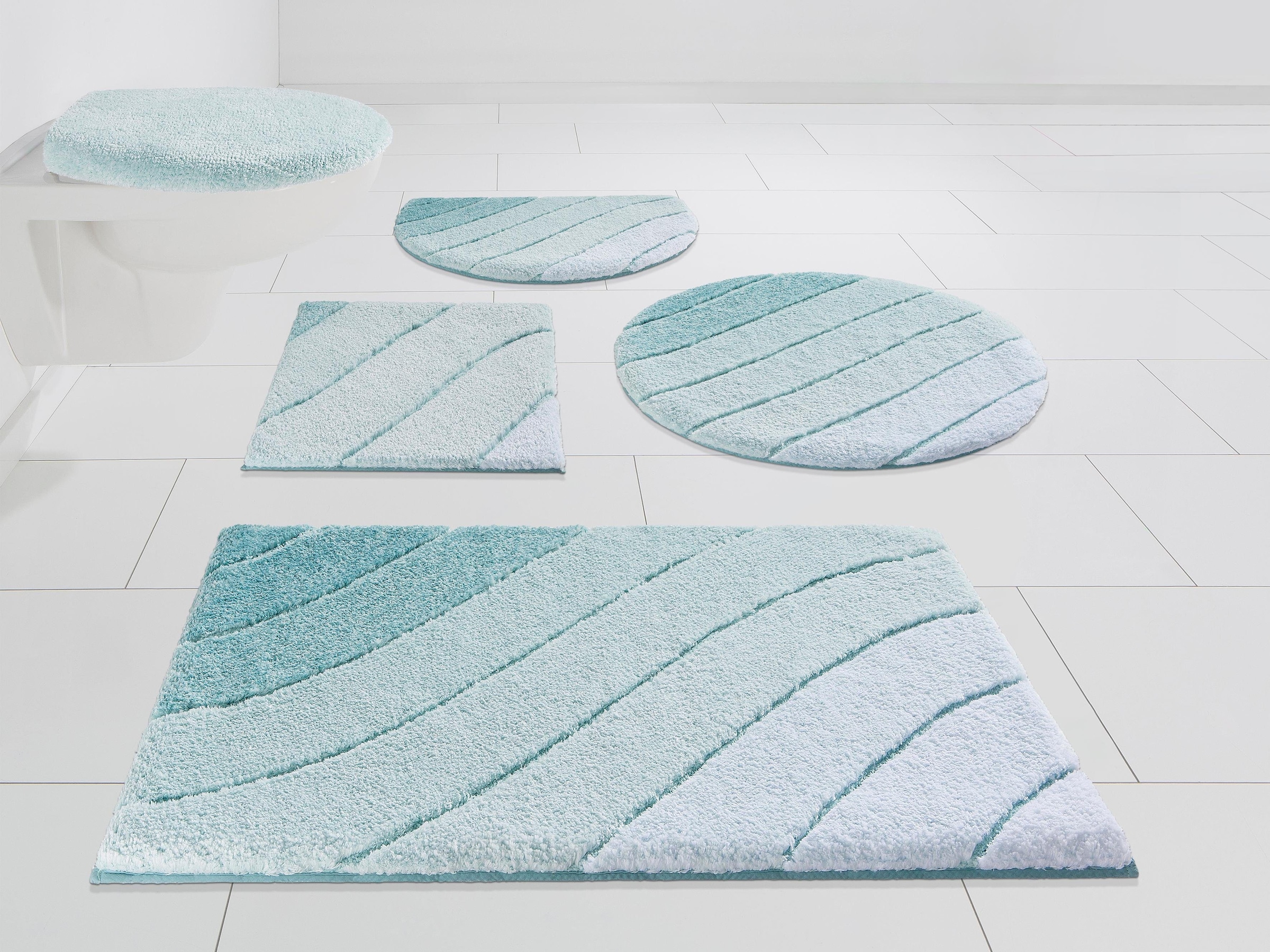Kleine Wolke Badematte »Donna«, rutschhemmend beschichtet, fußbodenheizungsgeeignet-schnell trocknend, Wellen Design, Pastell, 3-tlg. Set, rechteckig & rund erhältlich