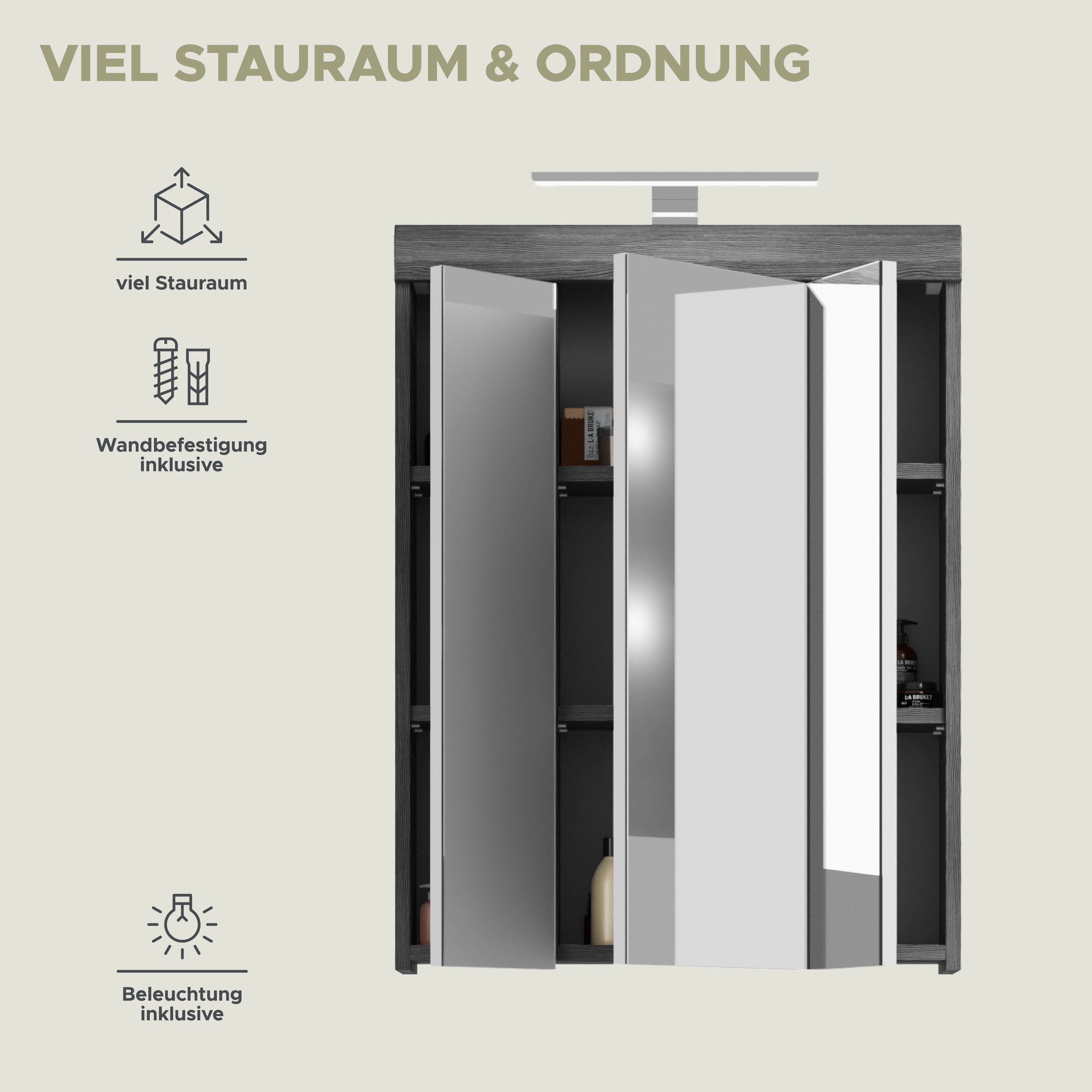 INOSIGN Spiegelschrank »Siena, Breite 60cm, inkl. Beleuchtung, 3 Spiegeltüren, 9 Fächer«, (Set), in verschiedenen Farben erhältlich, Badmöbel, Spiegel, Badschrank, Bad