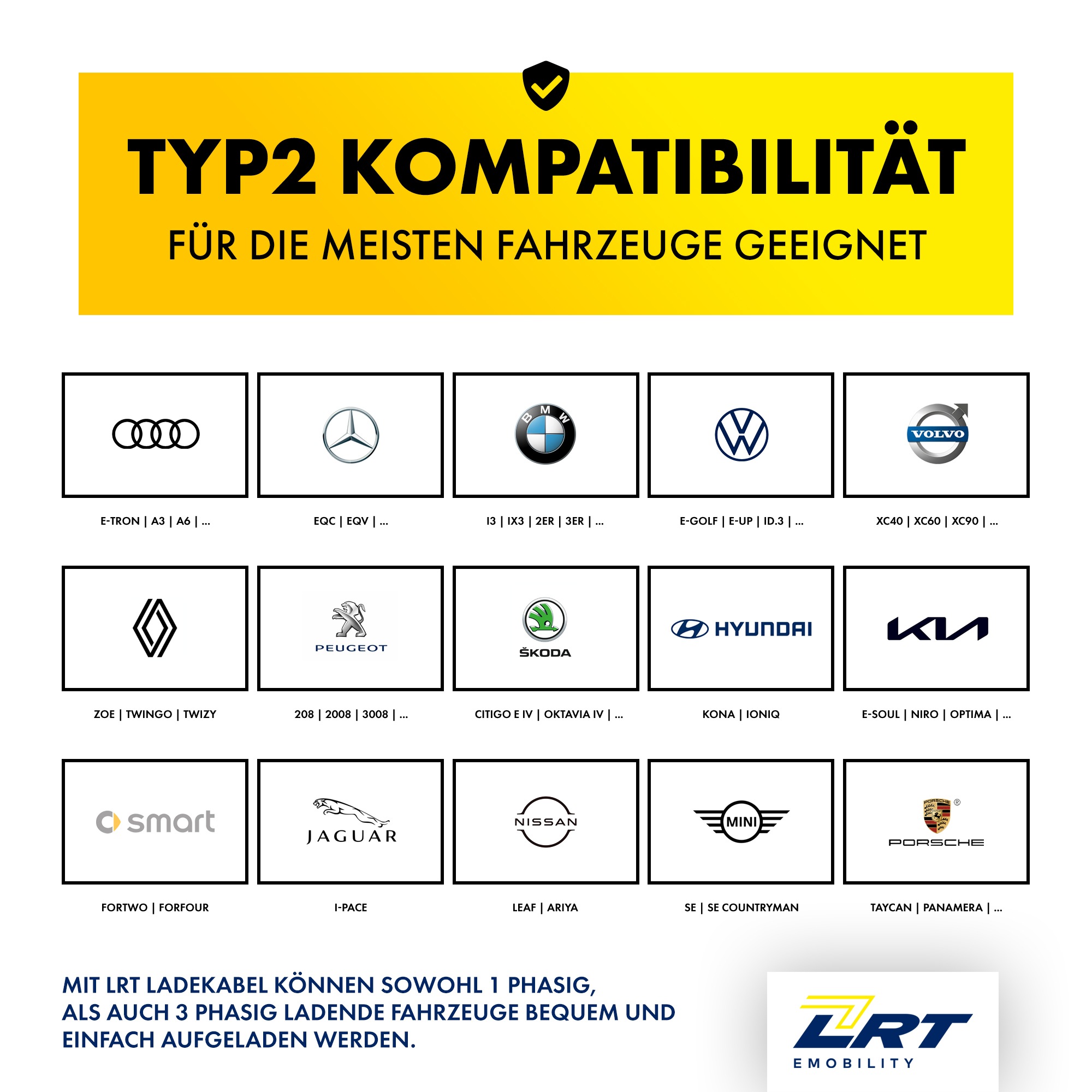LRT E-Mobility Autoladekabel, 500 cm, EZ01 Typ 2 IEC62196 3-phasig 11/22  kW, 16/32A, 480 V, IP44 online kaufen, mit 3 Jahren XXL Garantie