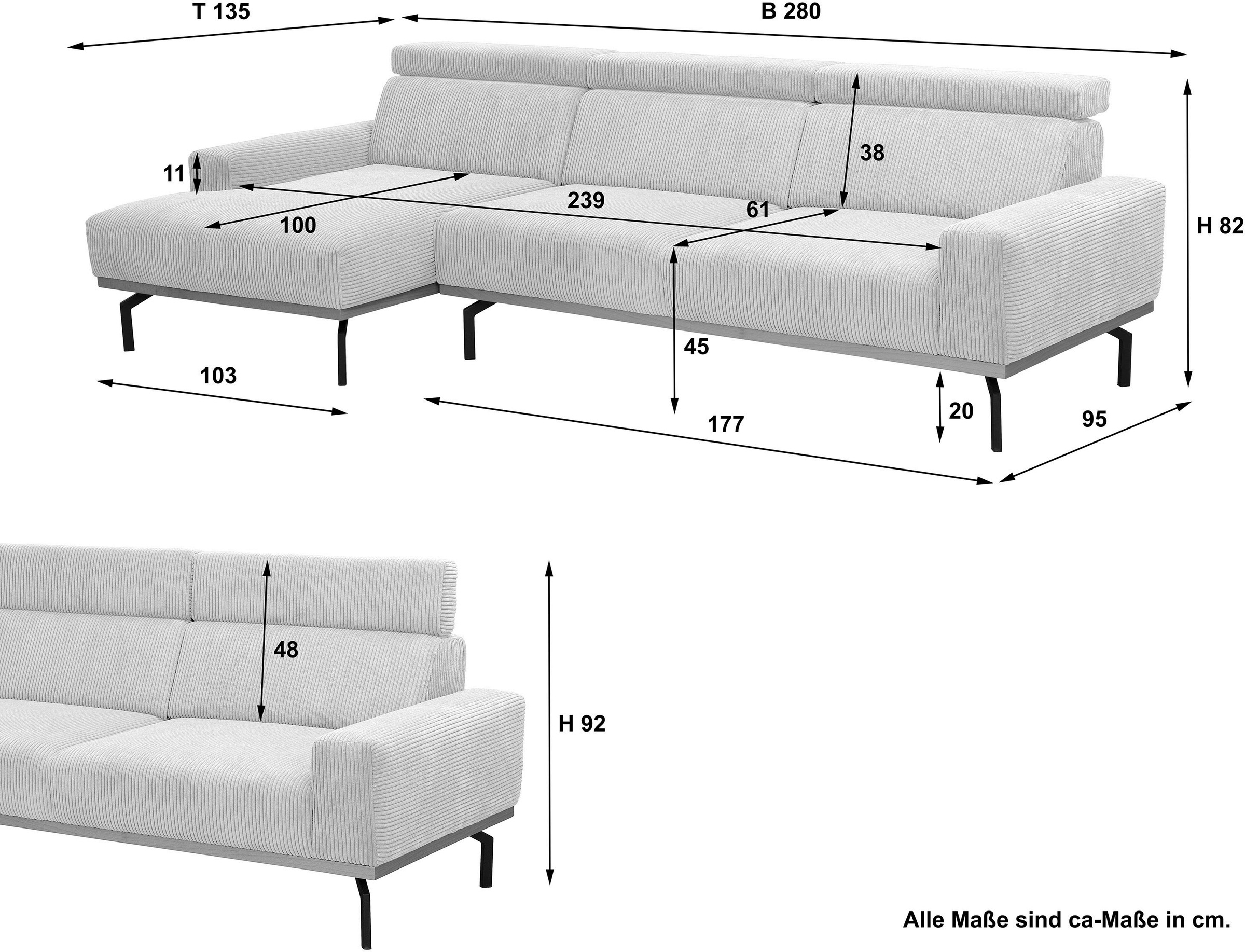 Max Winzer® Ecksofa »Designsofa hoher Sitzkomfort durch verstellbare Kopfteile, Cord Bezug«, umlaufender Echtholzsockelrahmen, feste Polsterung