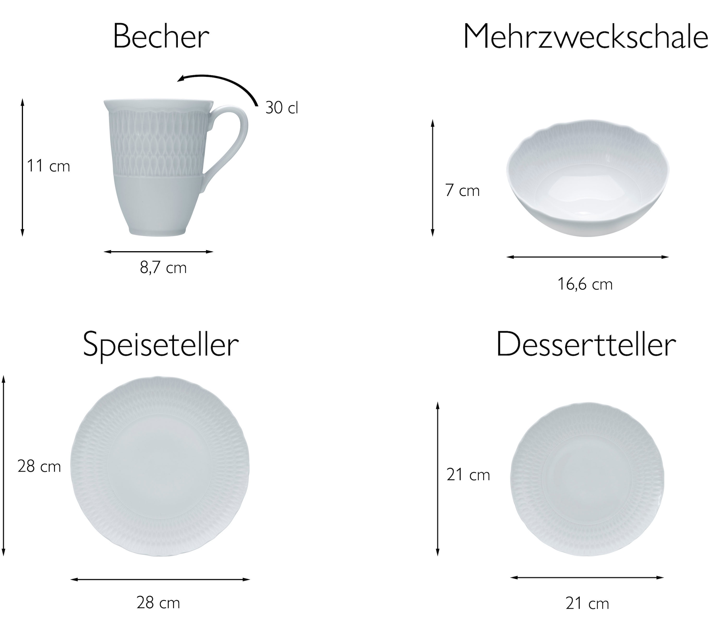 CreaTable Kombiservice »Geschirr-Set Sofia« Service, klassisch elegantes Relief, 8 Teile, für 2 Personen
