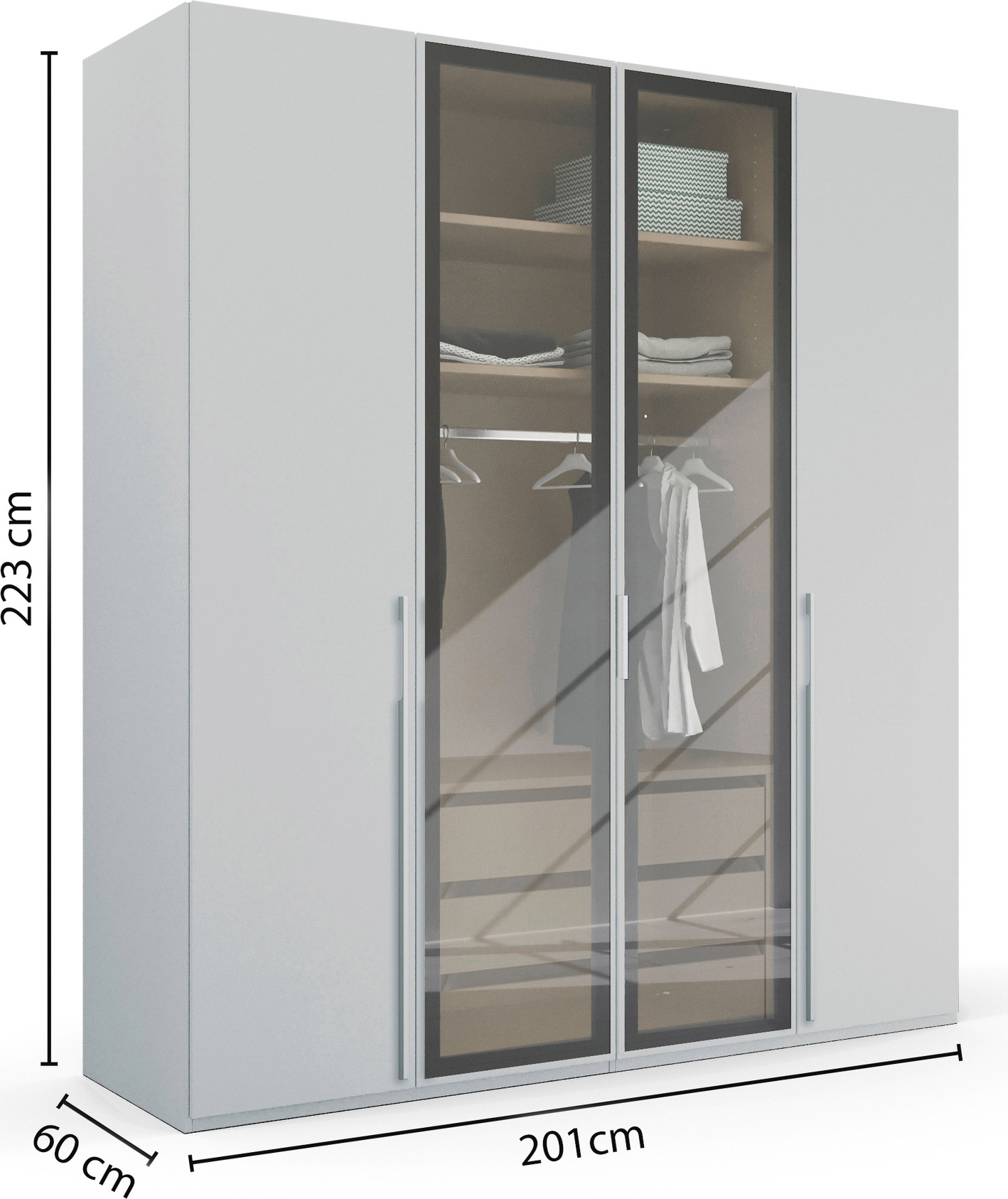 rauch Drehtürenschrank »Kleiderschrank Schrank Garderobe SKAT SHINE mit hochwertigem,«, transparentem Grauglas inkl. umfangreichem Zubehör MADE IN GERMANY