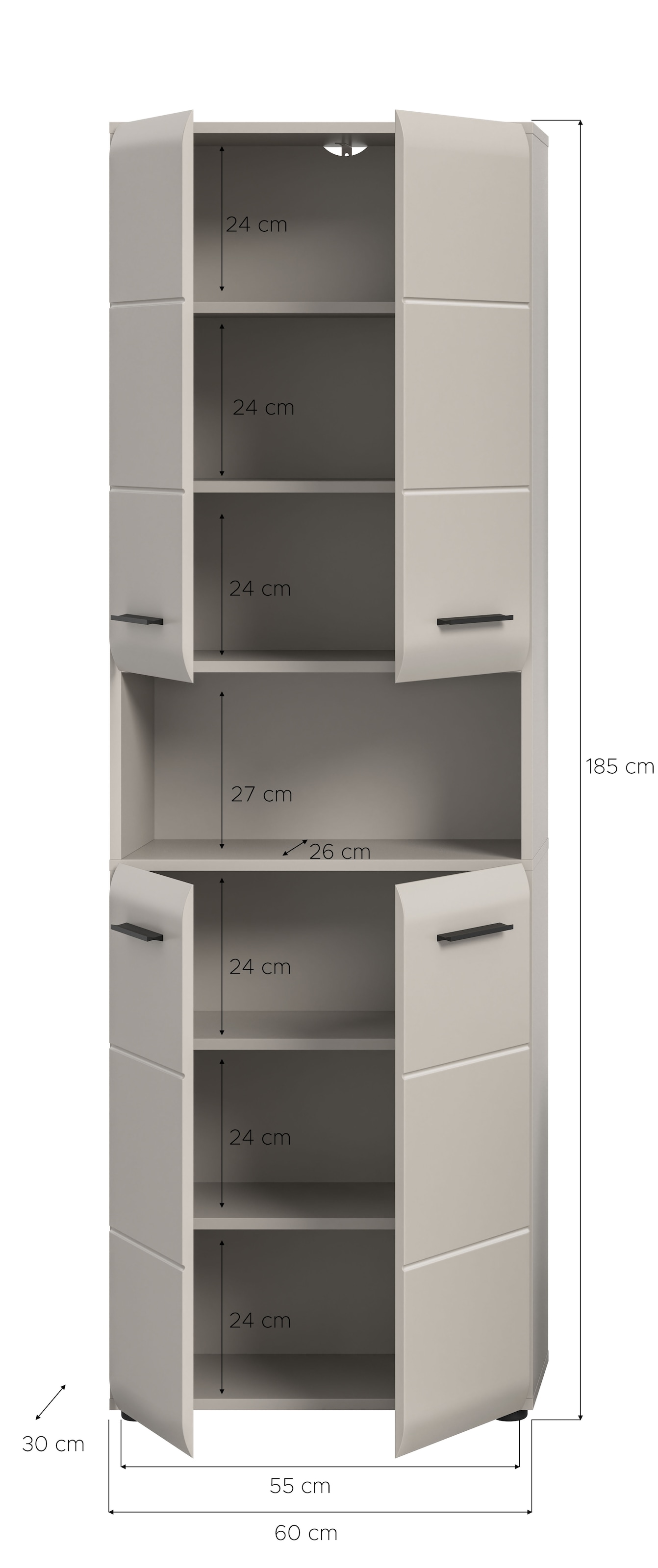 welltime Stauraumschrank »FLORENZ, TOPSELLER!, Höhe 185 cm, 4 oder 6 Türen, viel Stauraum« TOPSELLER!, 1 Stk. tlg. hochwertige MDF Front, Griff schwarz, Badschrank, Bad