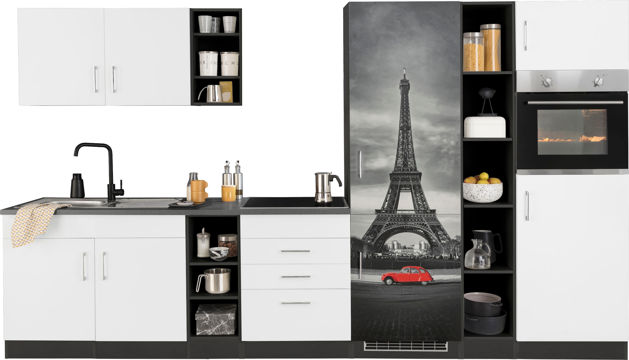 KOCHSTATION Küchenzeile »KS-Paris – Küchen mit einzigartigen Fotomotiven auf den Fronten« Breite 340 cm, wahlweise mit E-Geräten und Induktion