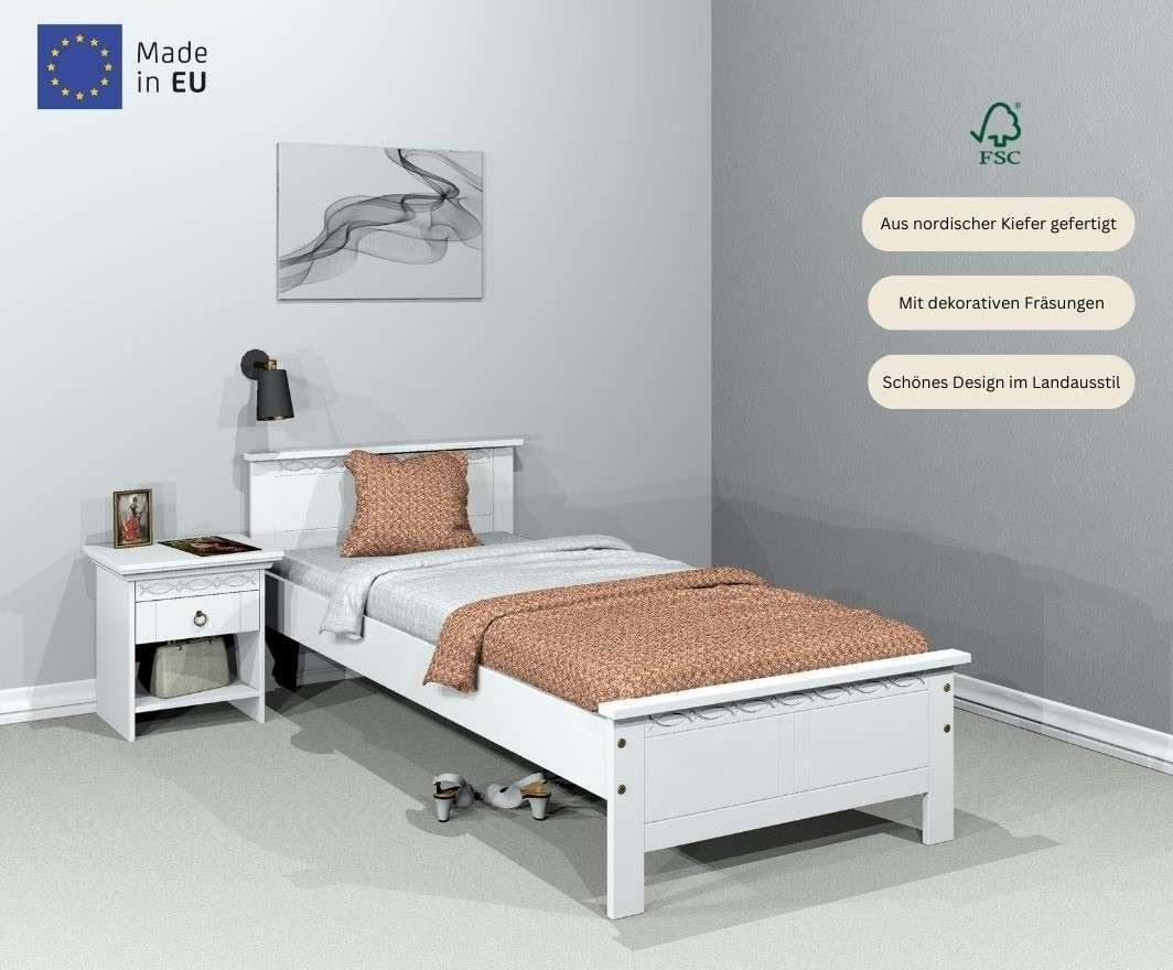Home affaire Massivholzbett »Indra, TOPSELLER, Landhausstil, edles Design,zertifiziertes Massivholz«, (Breite/Belastbarkeit 180cm/220 KG, 140cm/180 KG, 90cm/120 KG), mit dekorativen Fräsungen, in 2 Breiten und Farben