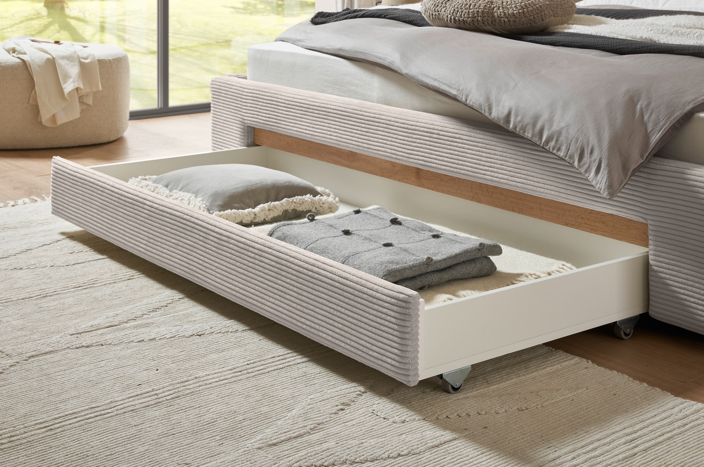 Home affaire Polsterbett »CiTY/GiRON, Bettgestell mit Bettkasten, gepolstertes Stauraumbett« mit Hundebett oder Stauraumschublade, Bezug Cord-oder Leinenoptik