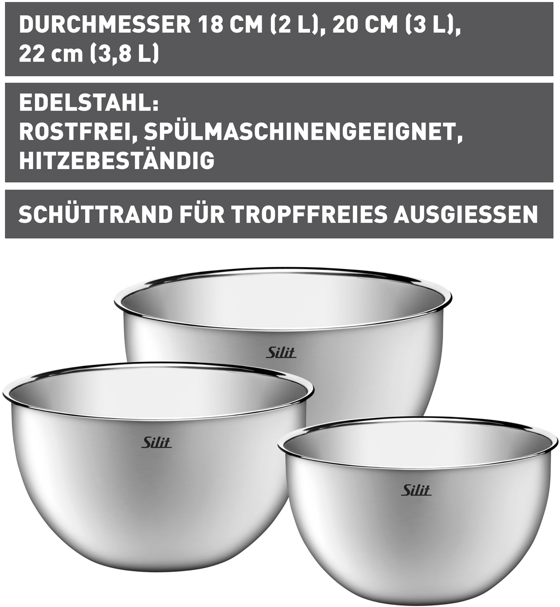 Silit Schüssel »Silit«, 3 tlg., aus Edelstahl 18/10, 360° Schüttrand, stapelbare Aufbewahrung, spülmaschinengeeignet