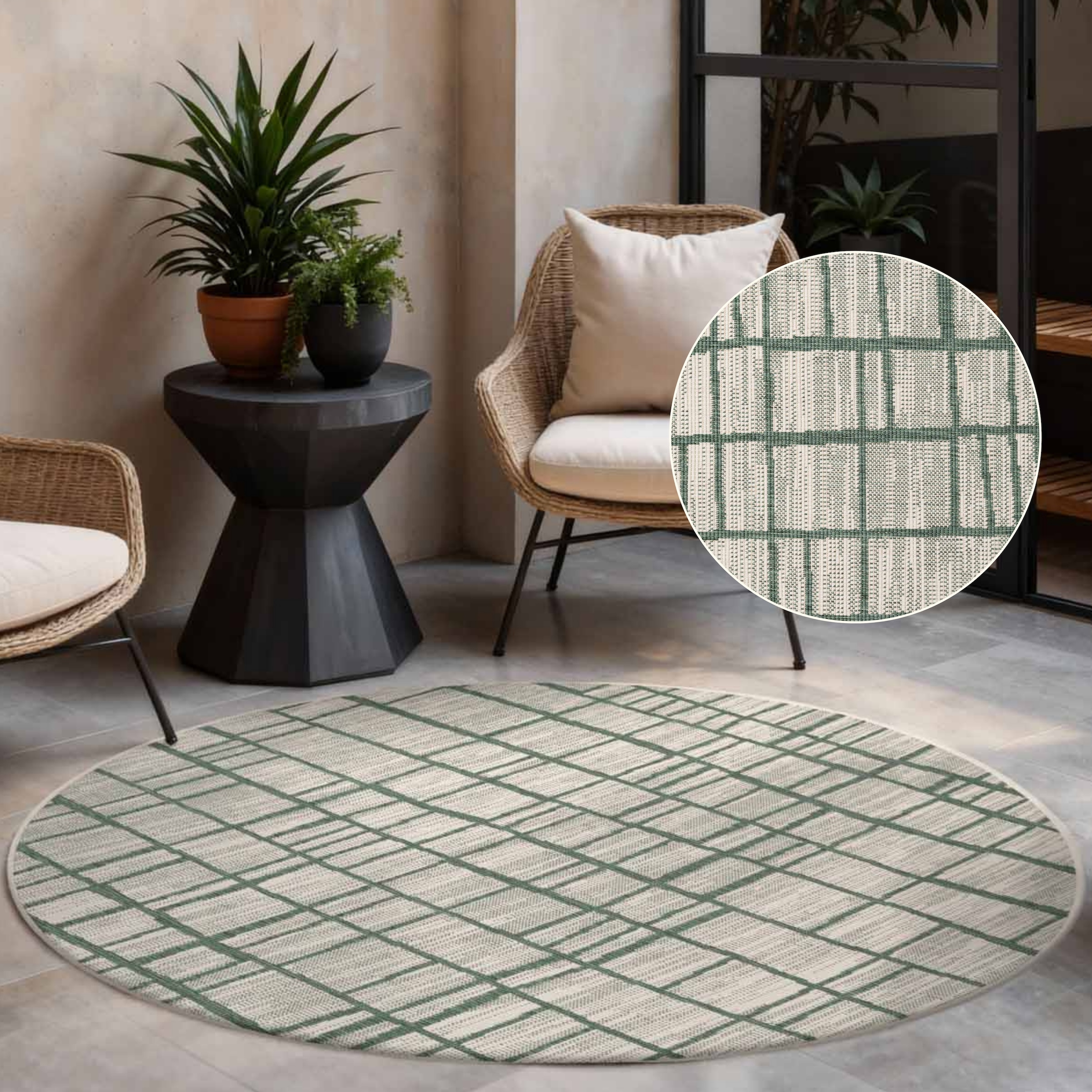 Ted Baker Indoor Outdoor Crouch Round Abstract Rug in Green | Size: 200cm diameter