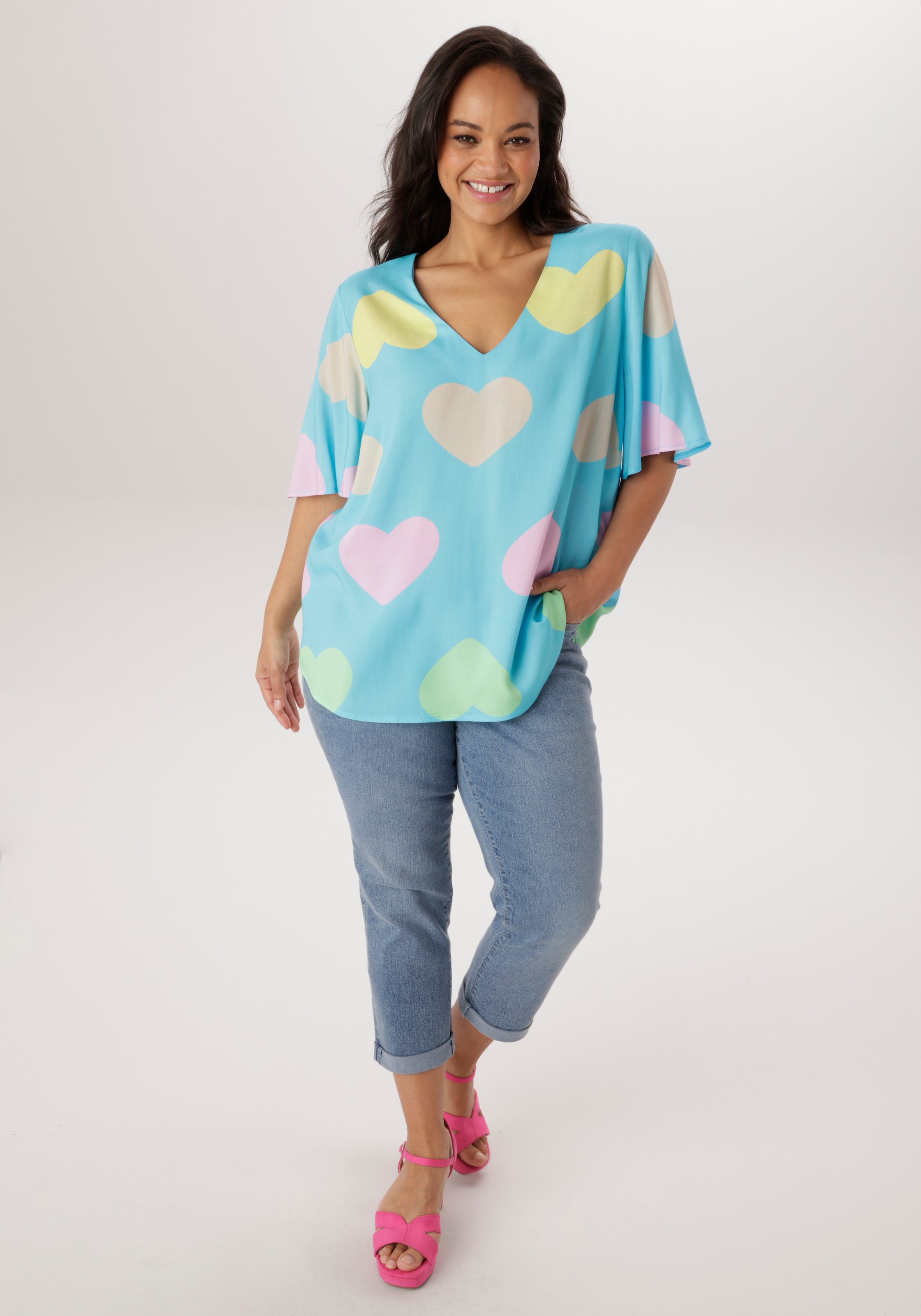 Aniston PLUS Schlupfbluse mit farbigen Herzen bedruckt- jedes Teil ein Unikat - NEUE KOLLEKTION