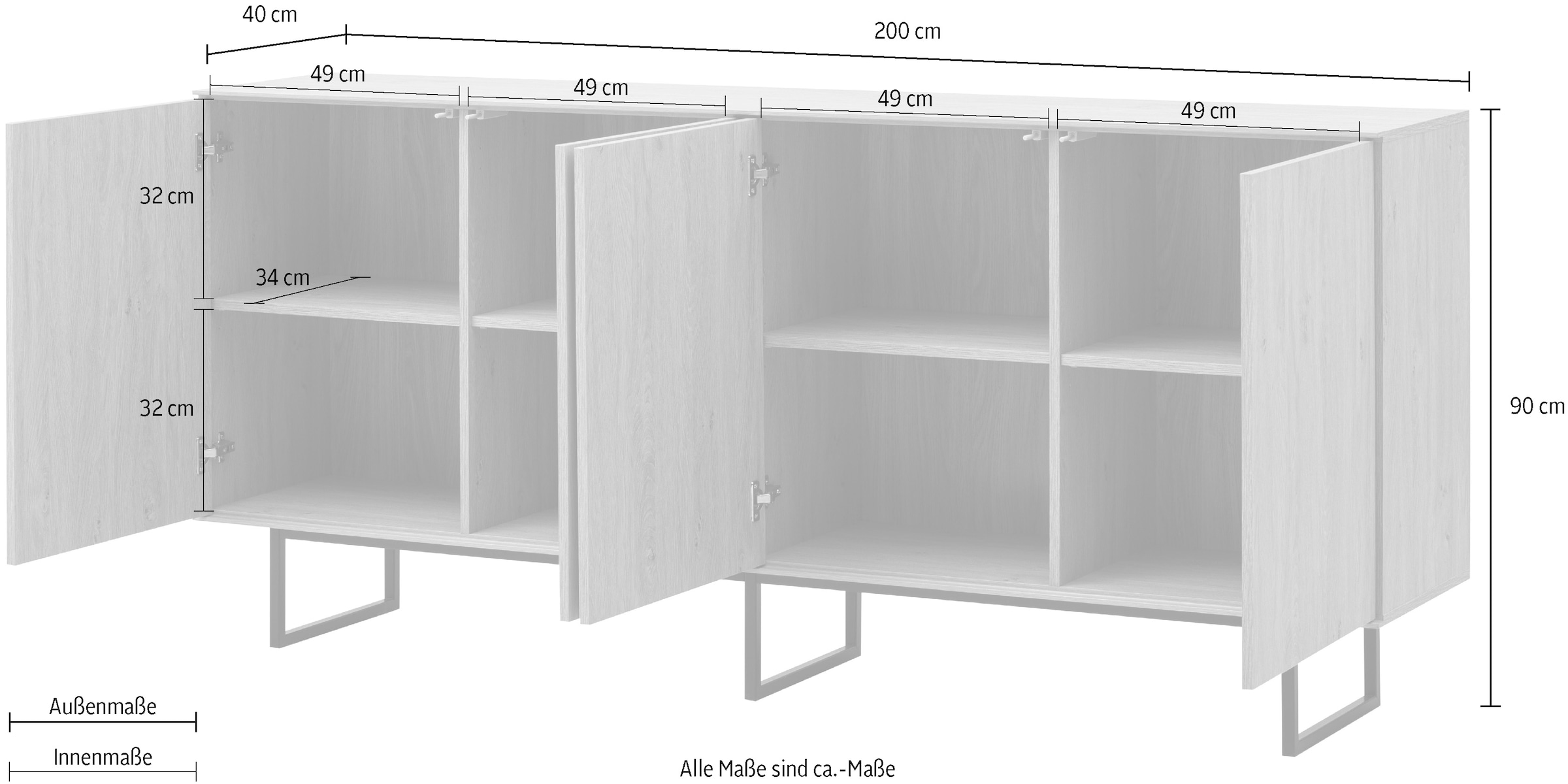 Home affaire Sideboard »Lund, moderner Schrank, Kommode mit Kufengestell« ausreichend Stauraum, vielseitig einsetzbar, 200 cm breit