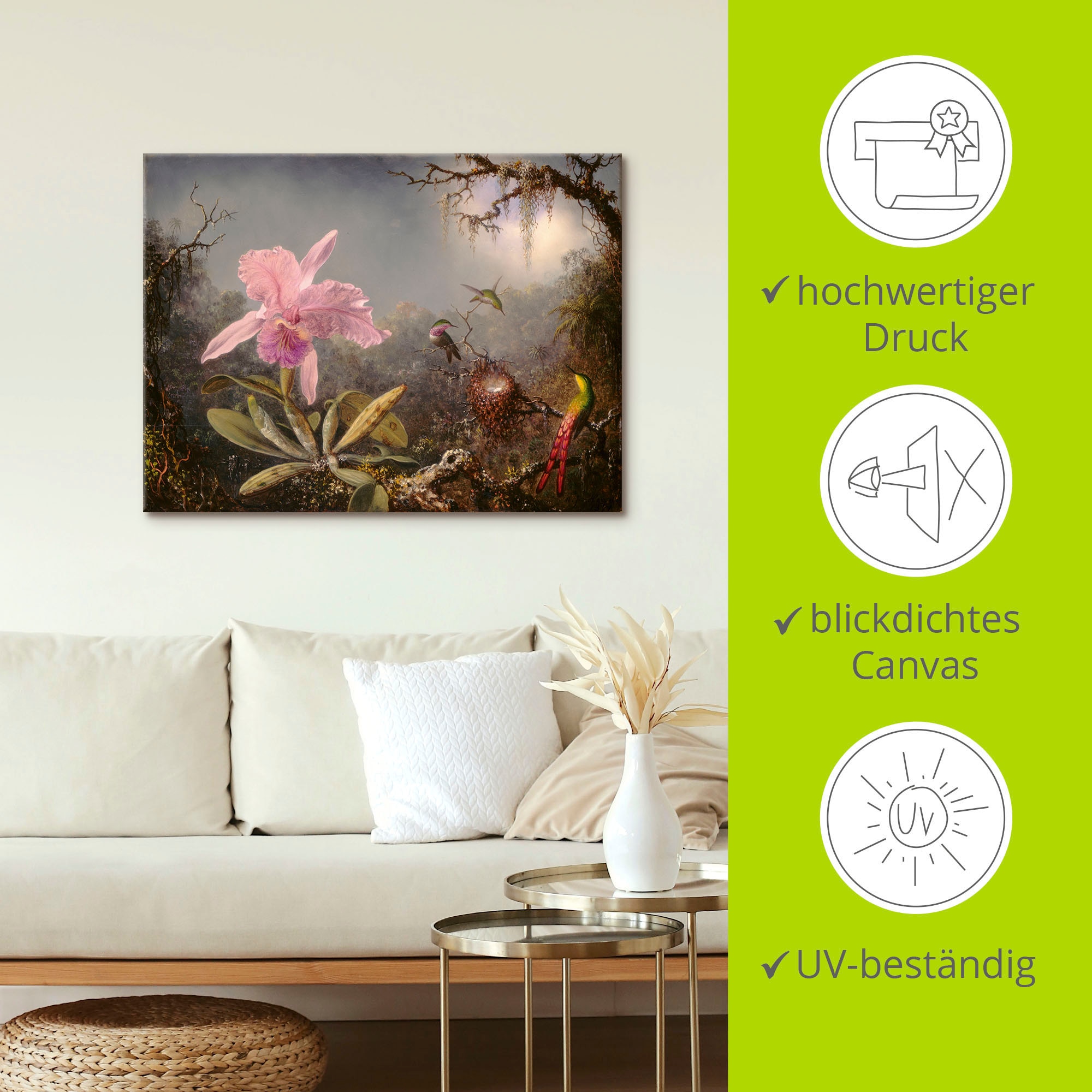 Artland Leinwandbild »Cattleya Orchidee und drei Kolibris.« Blumenbilder 1 Stk. tlg. auf Holzrahmen gespannt