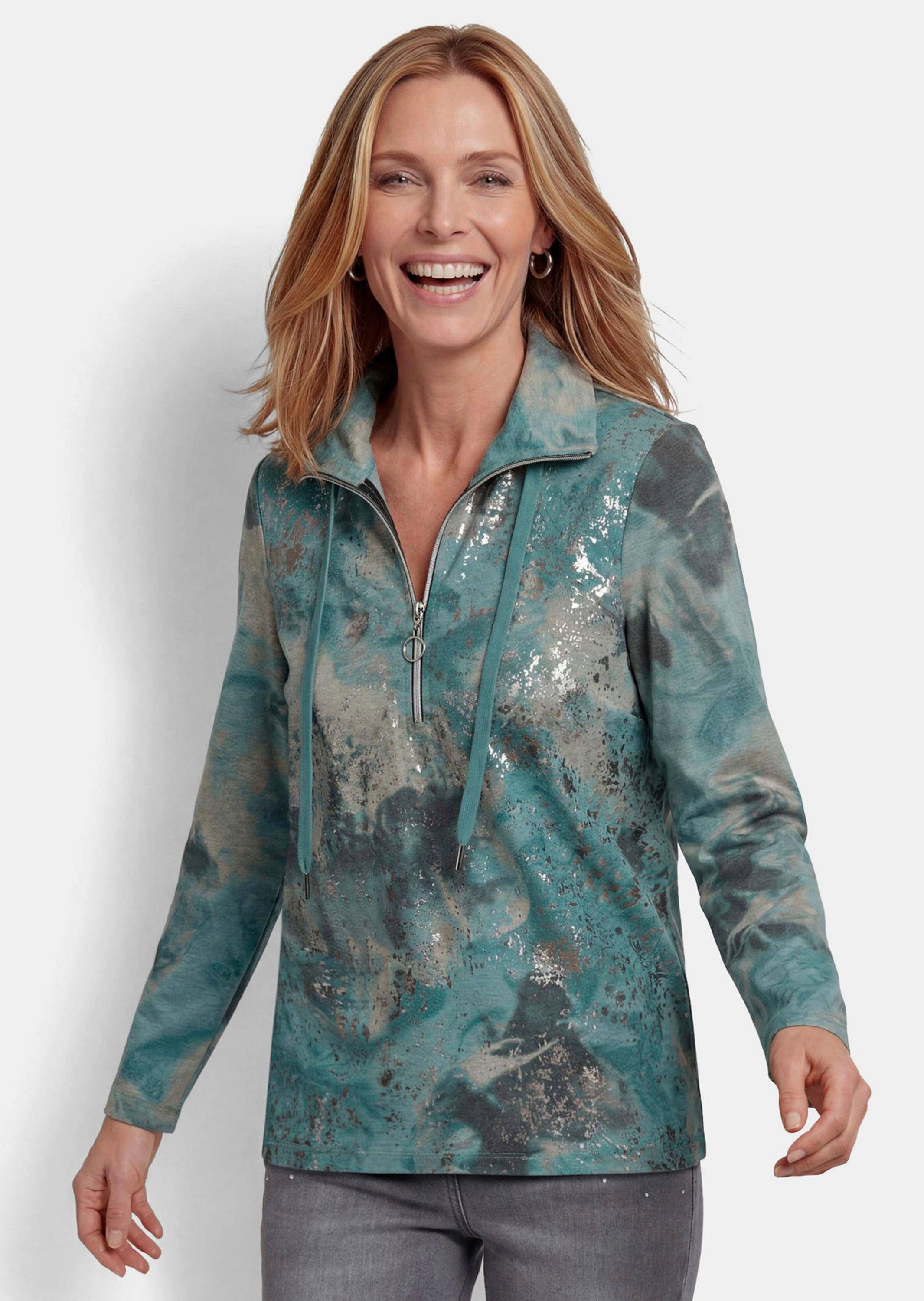 GOLDNER Sweatshirt »Troyer mit glänzendem Print«, Tunnelzug mit Kordelstoppern am Stehkragen
