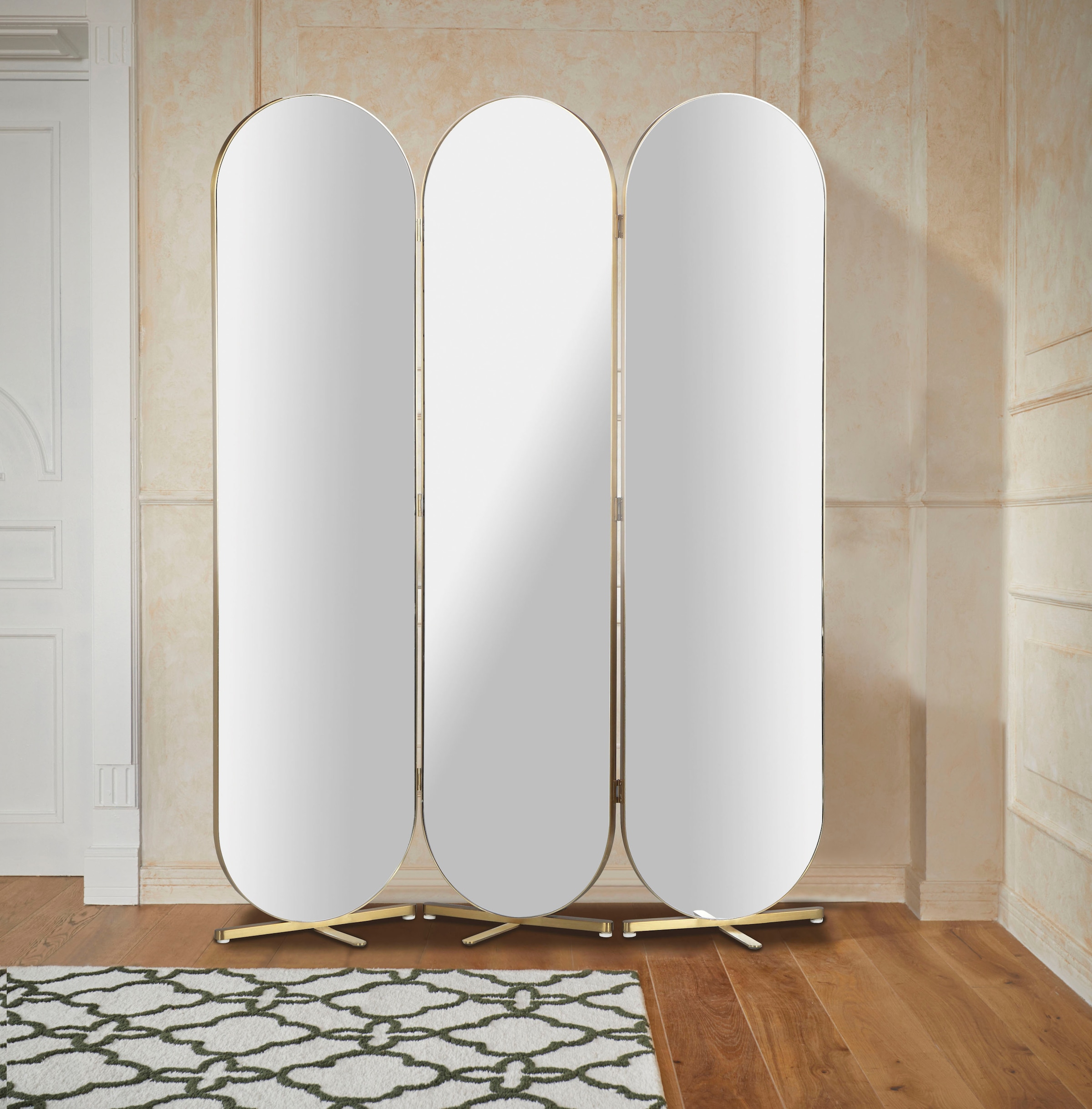 Raumteiler, ovale Spiegelflächen, Rückseite mit Samtvelours Bezug, Breite 138,5 cm