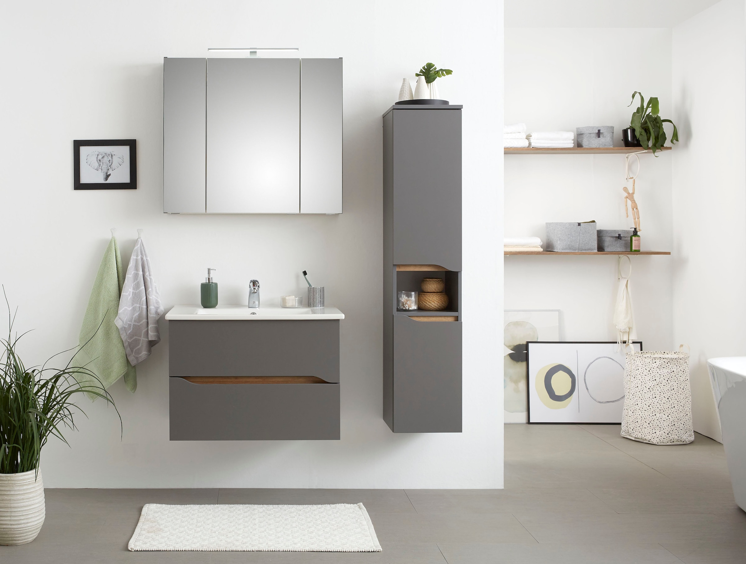 Saphir Badmöbel-Set »Quickset 3-teilig, Keramikwaschtisch mit LED-Spiegelschrank« 3 Stk. tlg.
