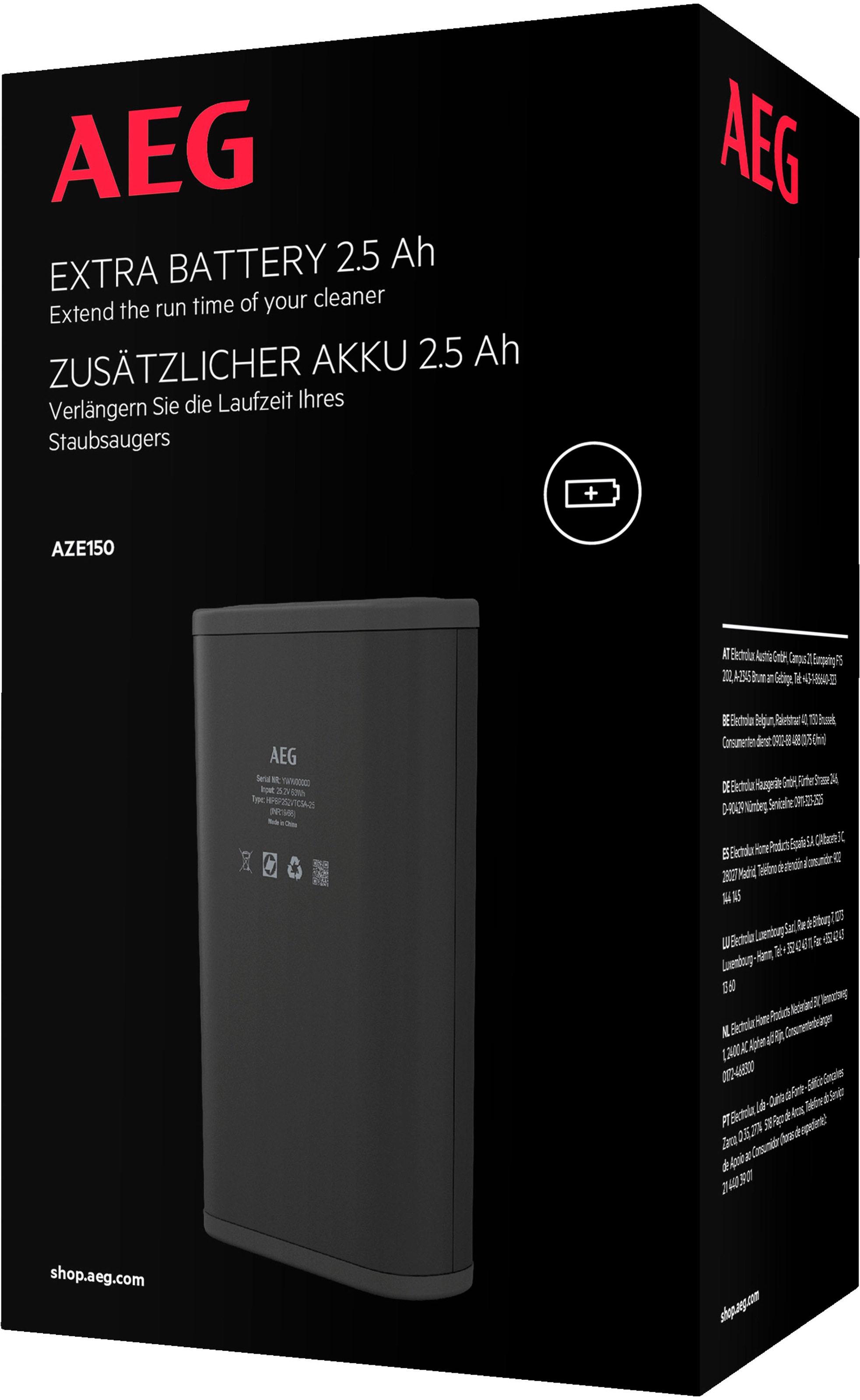 AEG, Akku »AZE150« 25, 2 Ersatz-Akku für Laufzeitverlängerung, schwarz, Akku