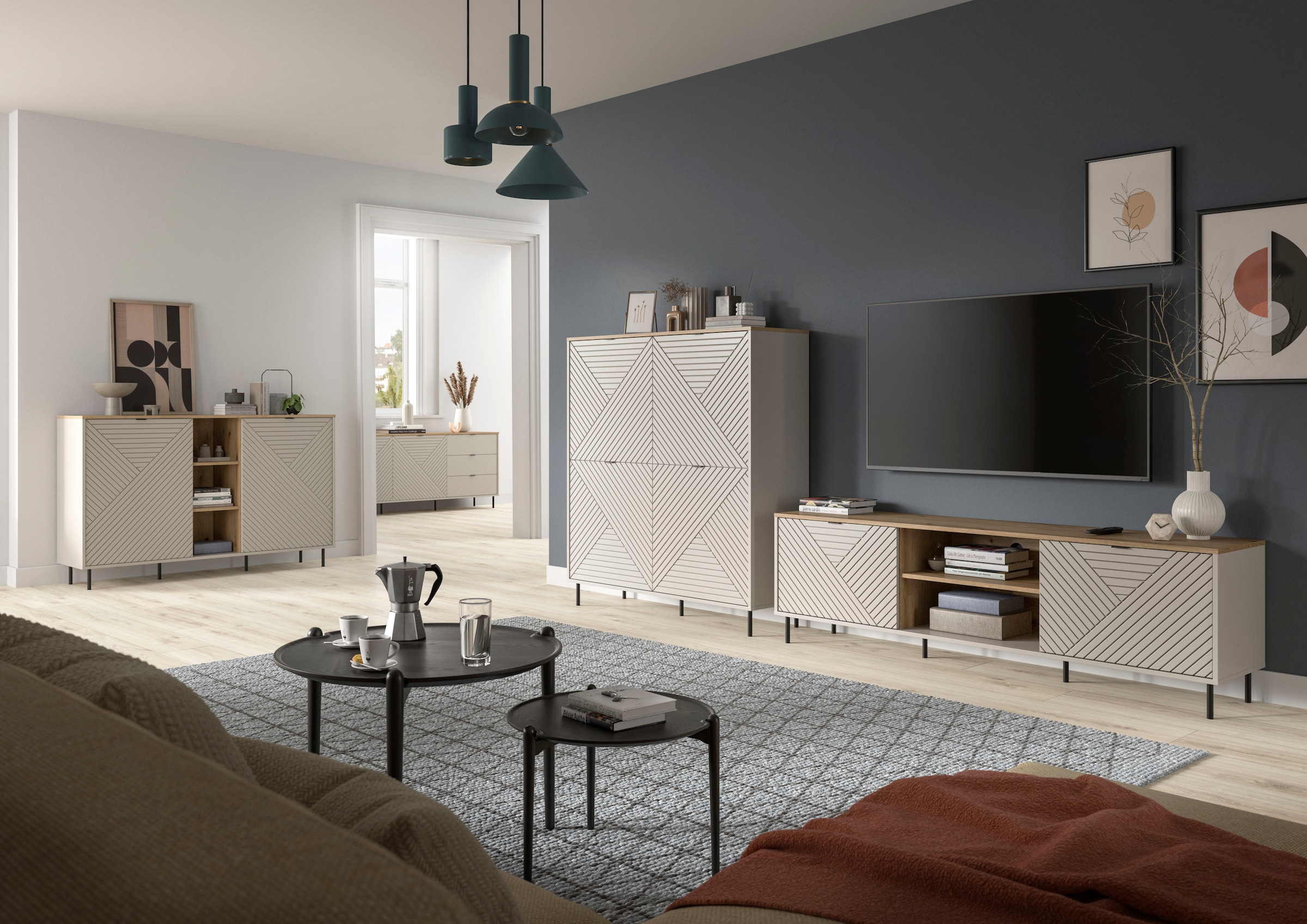 Home affaire Highboard »RAITA, Höhe 135 cm, Front mit Desgin-Fräsung, 4 Türen, viel Stauraum« moderne Farbkombi, individuell einsetzbar, Griffe & Füße aus Metall,  Kommode, Anrichte, Schrank, Sideboard, Lowboard