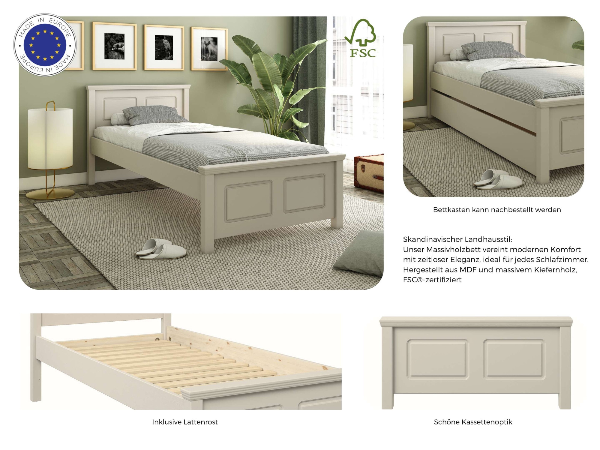 OTTO home Massivholzbett »ERIK' , Made in Europe, optional mit Schublade, Massivholz Kiefer« FSC® zertifiziert,  in mehreren Größen, Landhausstil mit Kassettenoptik