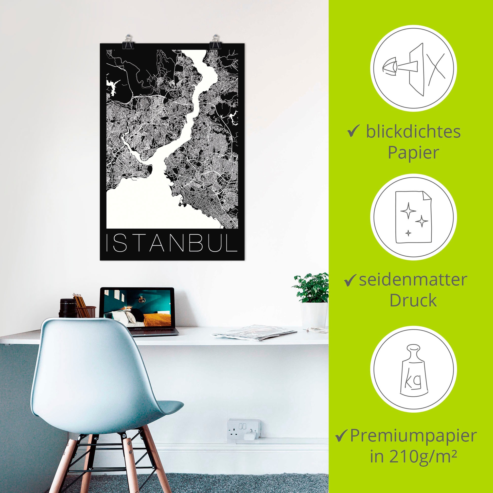 Artland Poster »Retro Karte Istanbul Schwarz & Weiß«, Landkarten, (1 St.), als Alubild, Leinwandbild, Wandaufkleber oder Poster in versch. Größen
