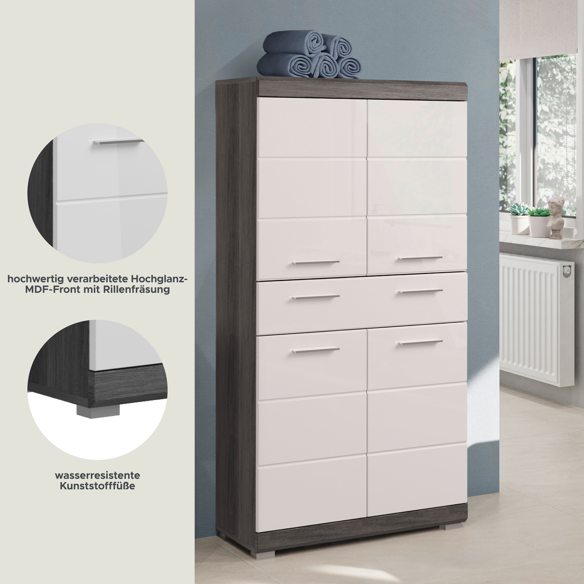 welltime Midischrank »SIENA, Breite 74cm, 4 Türen, 1 Schubkasten, 4 Fächer, MDF-Front« TOPSELLER!,  in verschiedenen Farben erhältlich, Badmöbel, Badschrank, Schrank, Bad