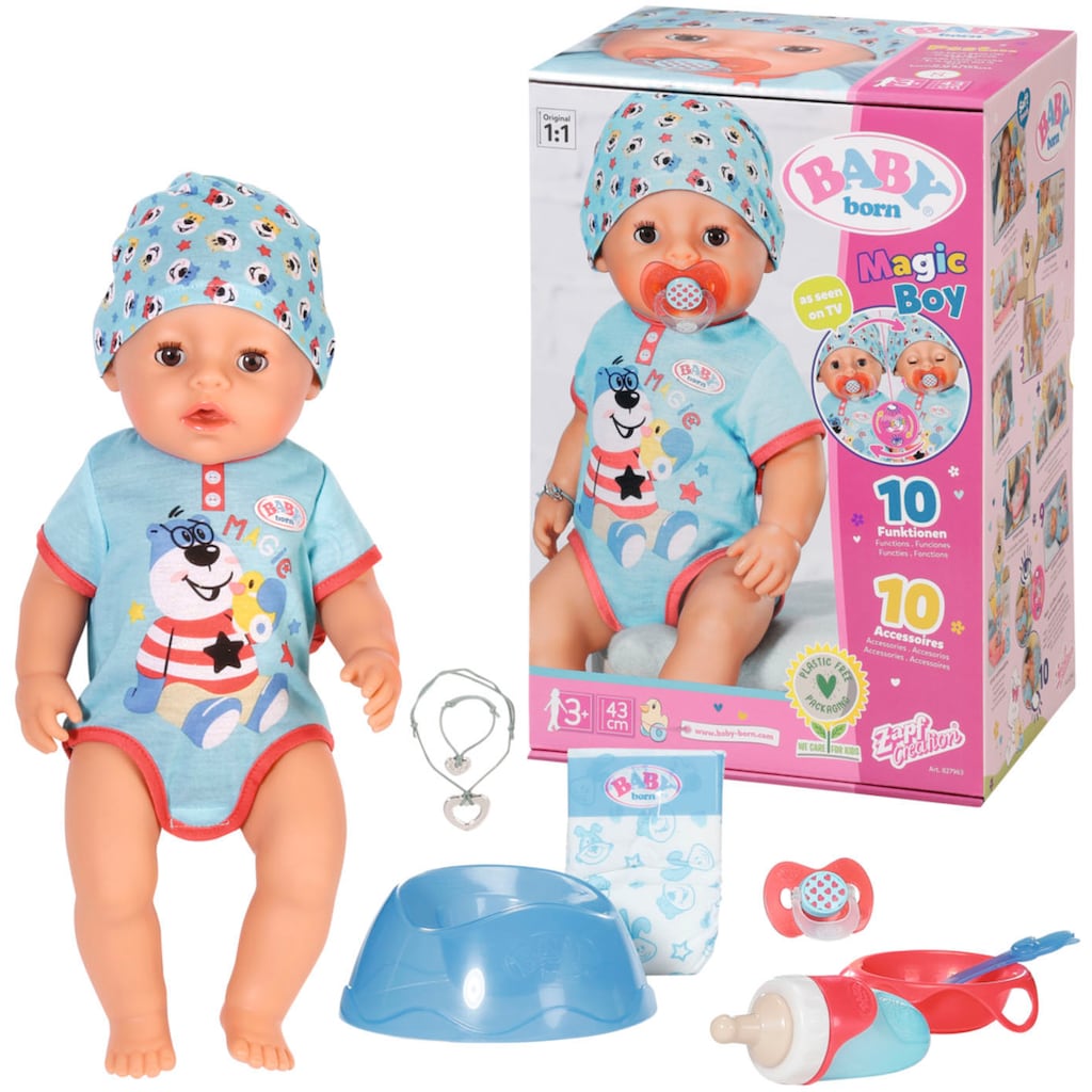 Baby Born Babypuppe »Magic Boy, 43 cm«, (Set, 13 tlg.), mit 10 lebensechten Funktionen