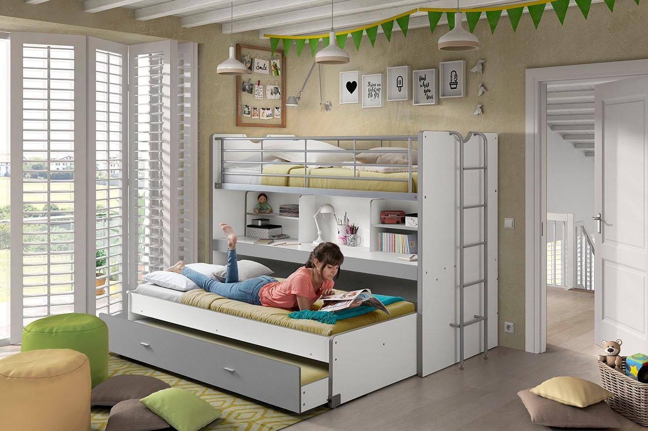 Vipack Hochbett »Bonny, mit 3 Schlafgelegenheiten, super praktisch im Kinderzimmer«, (B/H/T ca. 222x161x102cm, Dekor Oberfläche, in verschieden Farben), mit großer Schreibplatte, Regalfächern, viel Funktion auf kleinem Raum