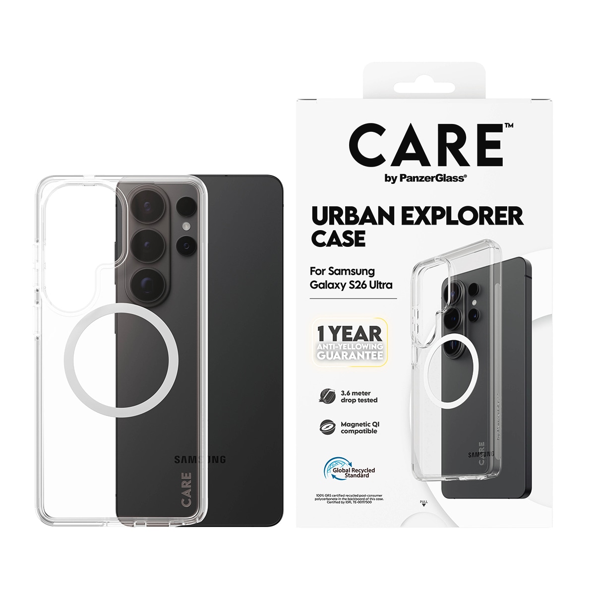 PanzerGlass CARE™ by ® Urban Explorer Case Transparent w. White Qi Samsung Galaxy S26 Ultra custodia per cellulare Cover Trasparente