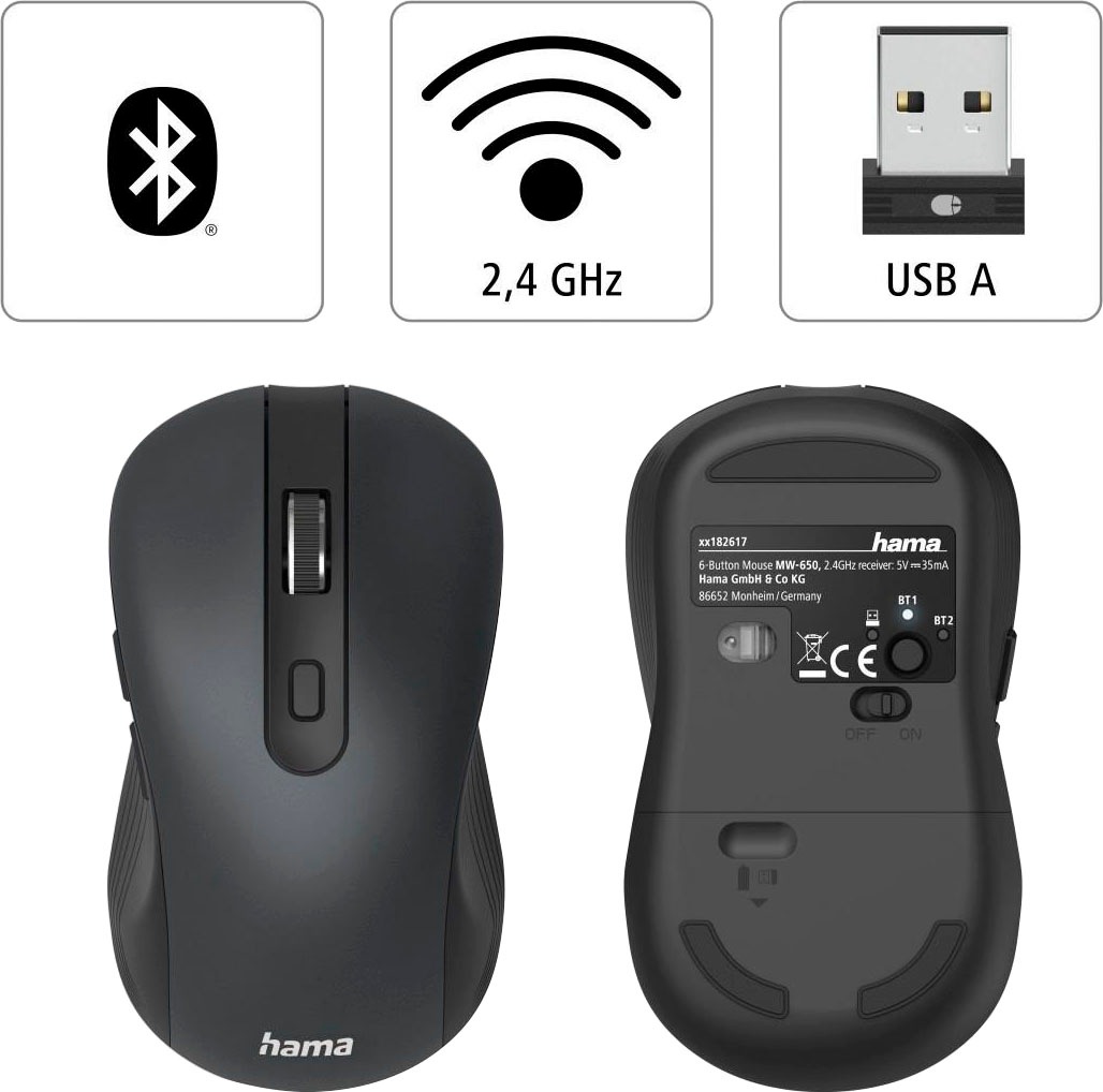 Hama Maus »Optische 6-Tasten-Multi-Device-Maus "MW-650", USB-A Bluetooth Maus«, Bluetooth