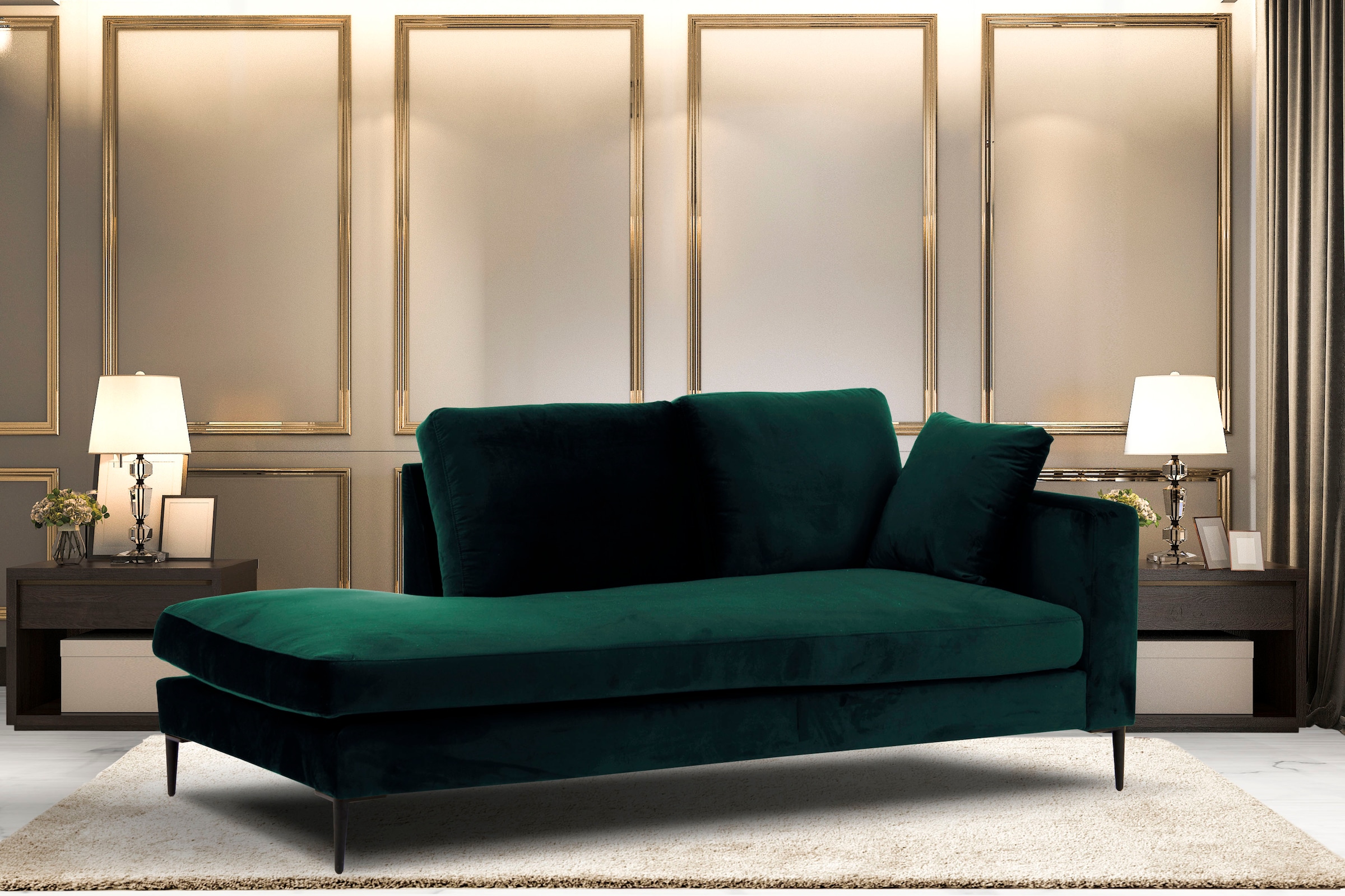 Leonique Recamiere »Cozy Chaiselongue, Maße B/T/H: 195/97/80 cm«, mit losen Kissen und Metallbeinen, Armlehne links oder rechts wählbar