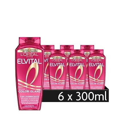 L'ORÉAL PARIS Haarshampoo »L'Oréal Paris Elvital Color Glanz 2in1 Shampoo & Spülung«, (Packung, 6 tlg.), Schützt die Farbintensität, Mit Vitamin Cg und UVB-Filter.