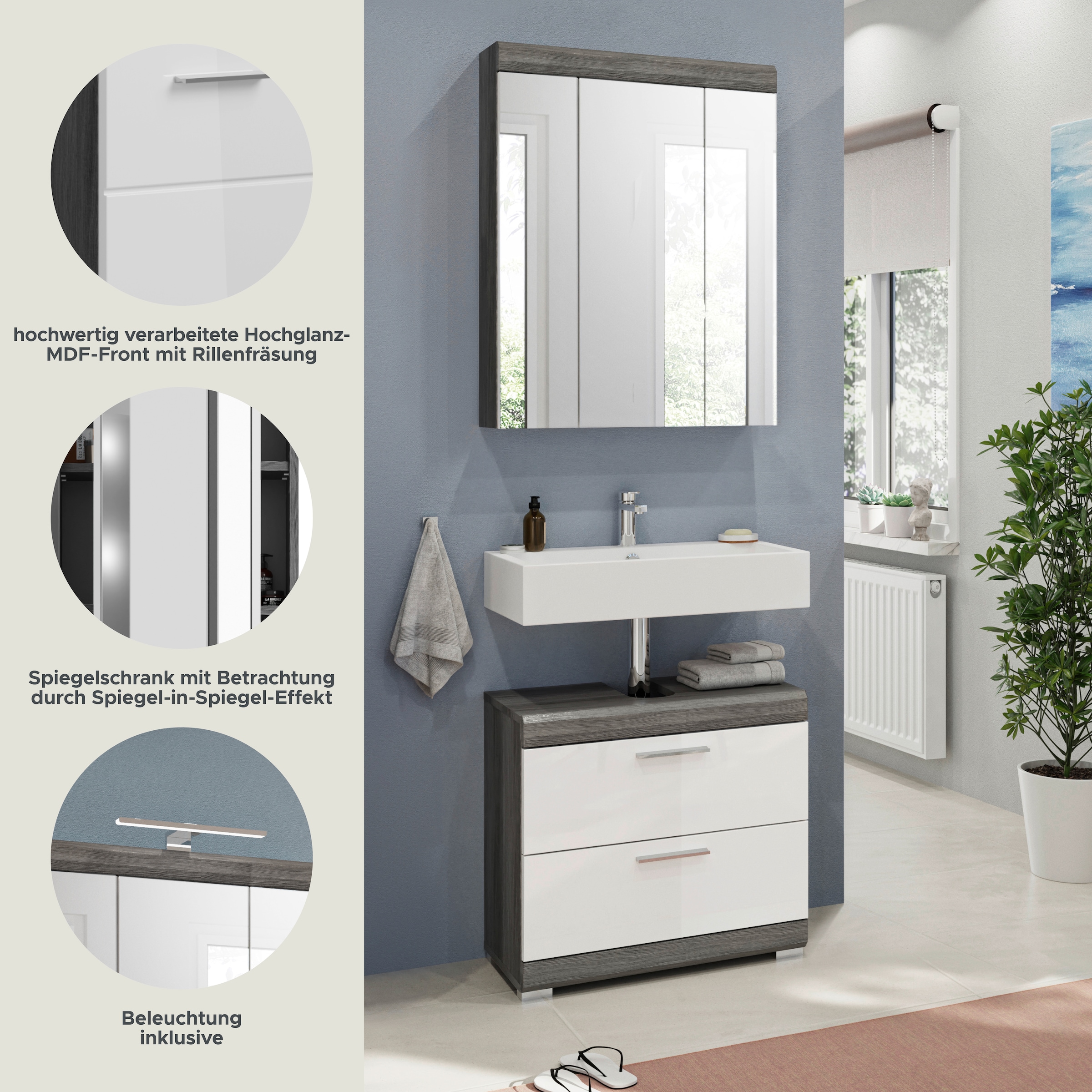 INOSIGN Badmöbel-Set »Siena, 2 tlg., bestehend aus: Waschbeckenunterschrank, Spiegelschrank«, (Set, 2 St., TOPSELLER!), in verschiedenen Farben erhältlich, Badmöbel, Kombination, Badezimmer