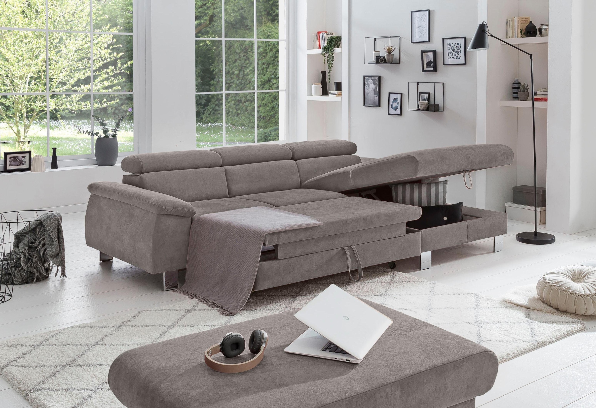COTTA Ecksofa Komaris, Ecksofa, wahlweise mit RGB-LED-Beleuchtung und Bettfunktion/Bettkasten