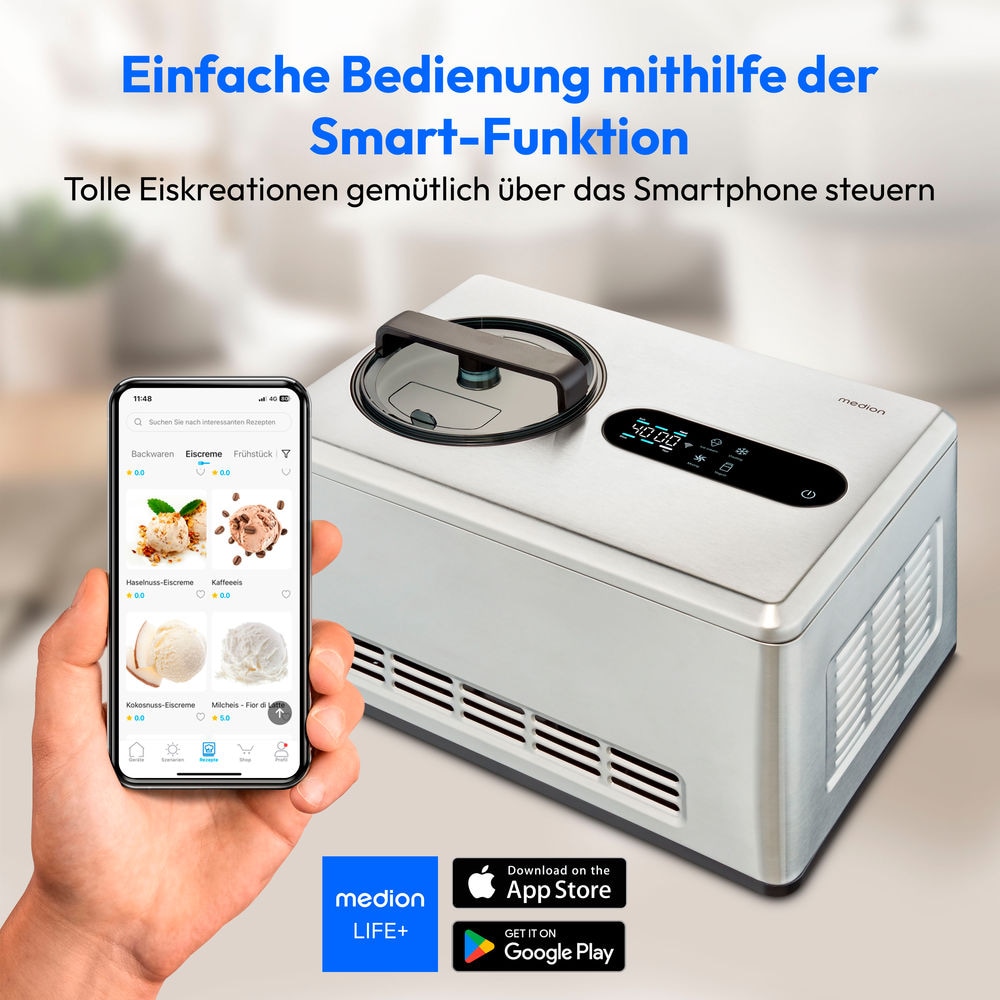 Medion® Eismaschine »MD 12170, Rezeptfunktion über die App«, 220 W, 2 Liter, herausnehmbarer Edelstahl-Eisbehälter