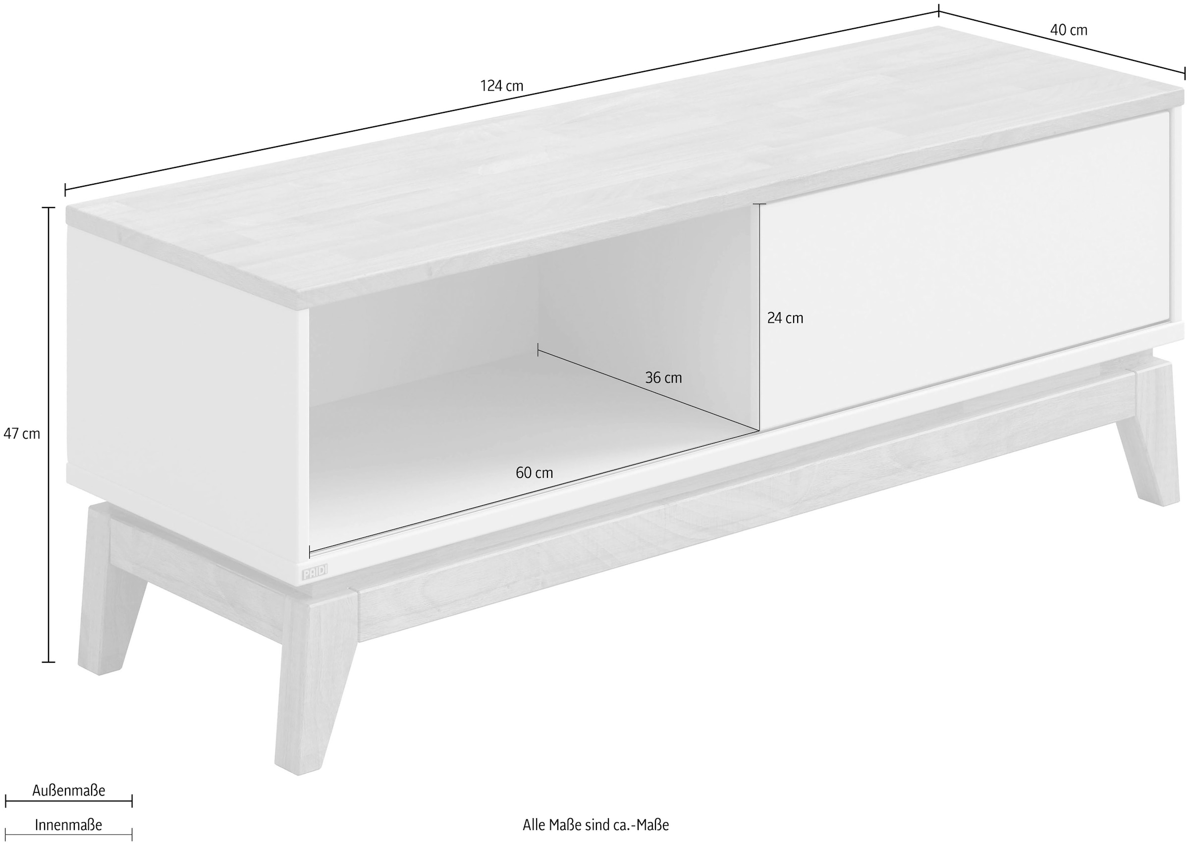 PAIDI Lowboard »STIENE in Beige oder Grau, 2 Fächer, Schiebetüre mit Soft-Close« B/H/T ca. 124/47/40cm,  stabiles Lowboard mit Massivholz, Sitzfunktion, TV-Board