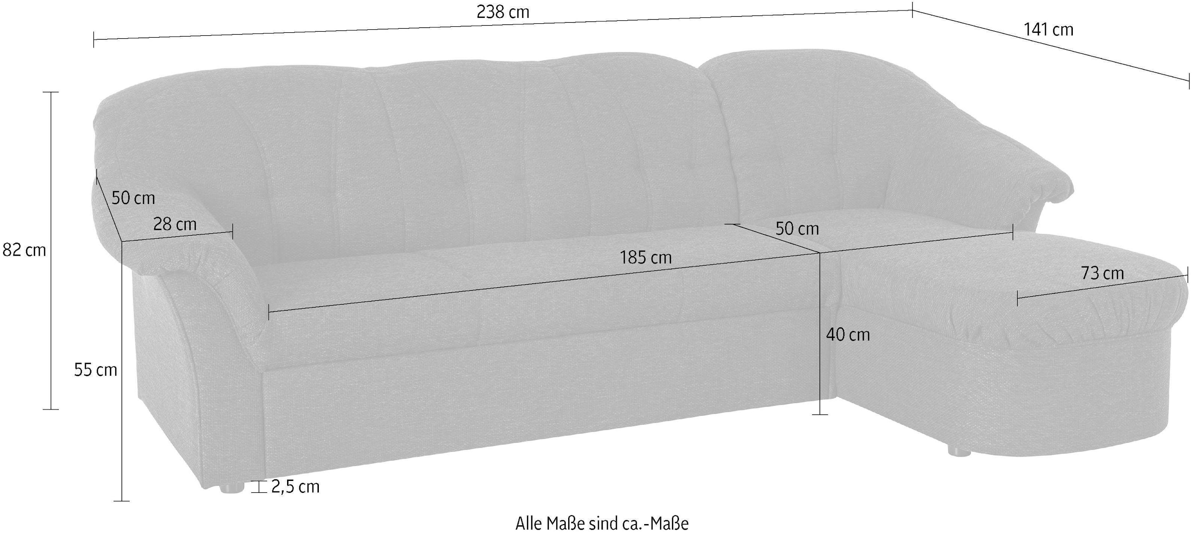 DOMO collection Ecksofa »Pegnitz, elegante Rückensteppung, kompakte Stellmaße 238/141cm, L-Form« wahlweise mit Bettfunktion