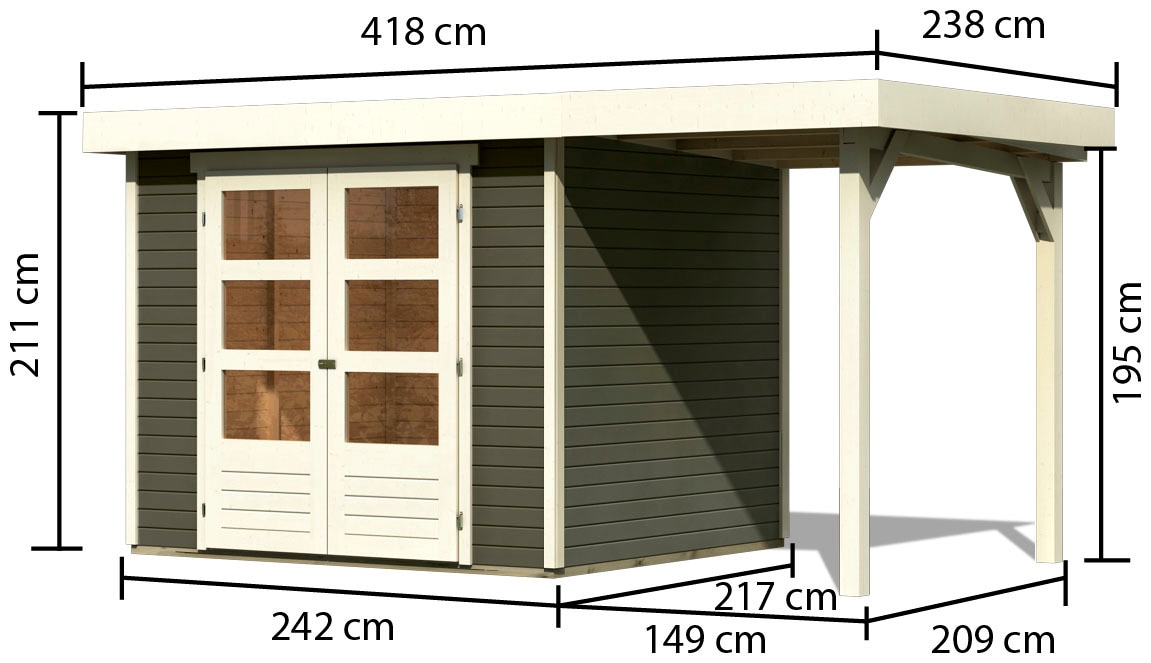 Karibu Gartenhaus »"Asendorf 3" SET terragrau mit Anbaudach 1,5 m Breite«, aus hochwertiger nordischer Fichte