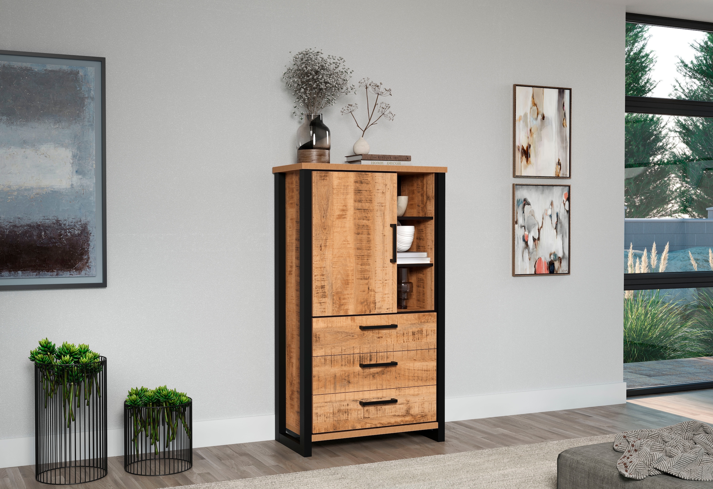 Home affaire Highboard »Elda« 1 Stk. tlg. Vitrine mit 1 Tür & 3 Schubladen mit Vollauszug – (B/T/H) 87/45/155 cm