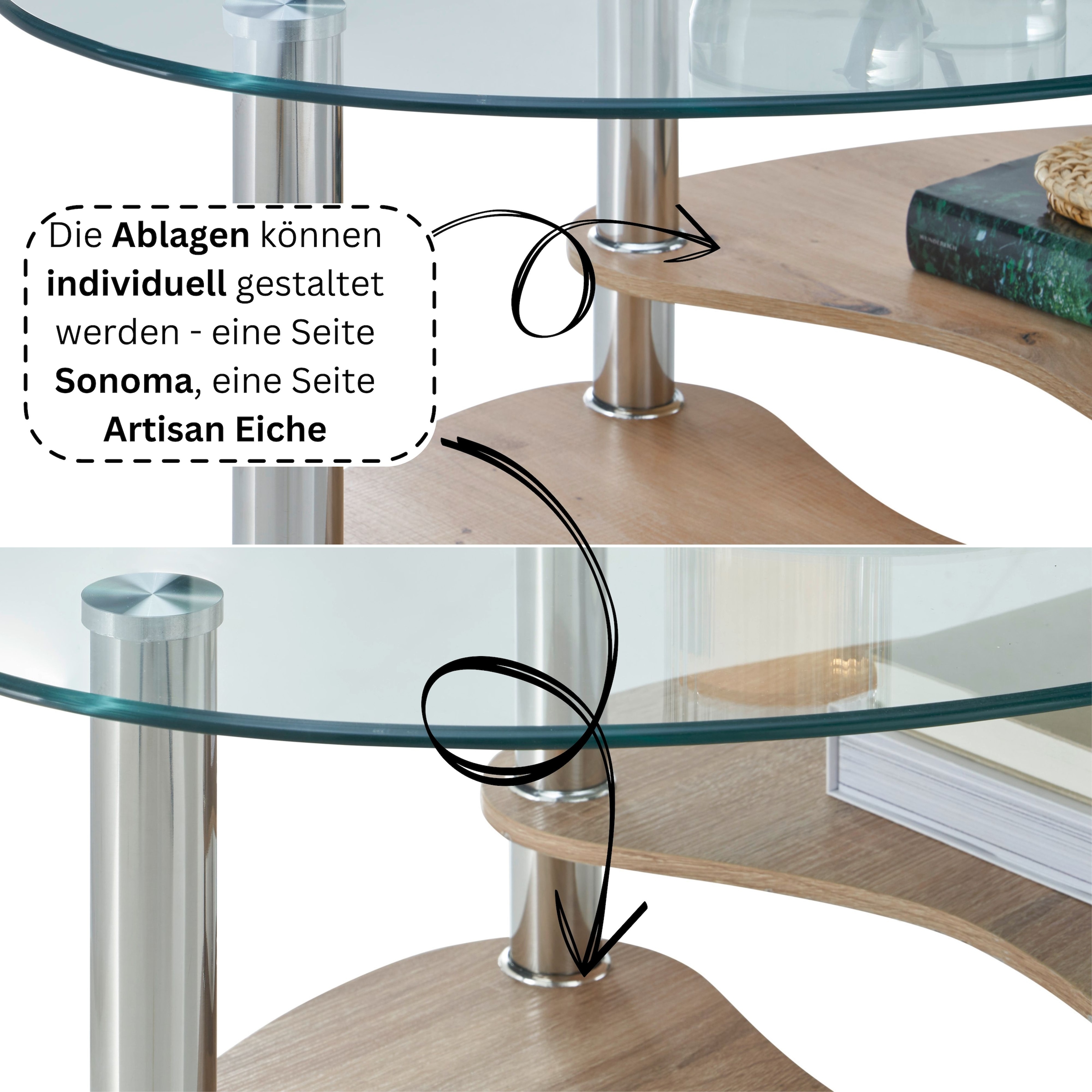 Stolkom Couchtisch »Panty Glastisch, Wohnzimmertisch, Beistelltisch Glas BxHxT 90x42x55 cm«, (Couchtisch), Sicherheitsglas 8mm, Ablage in MDF Eiche Artisan und Eiche Sonoma
