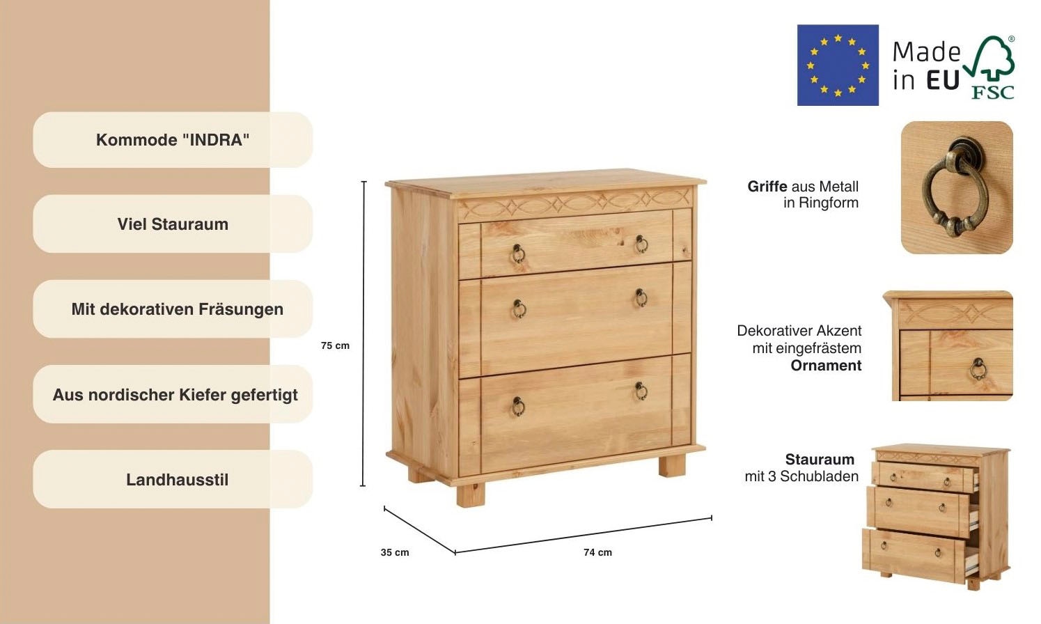 Home affaire Kommode »Indra«, 74 cm breit