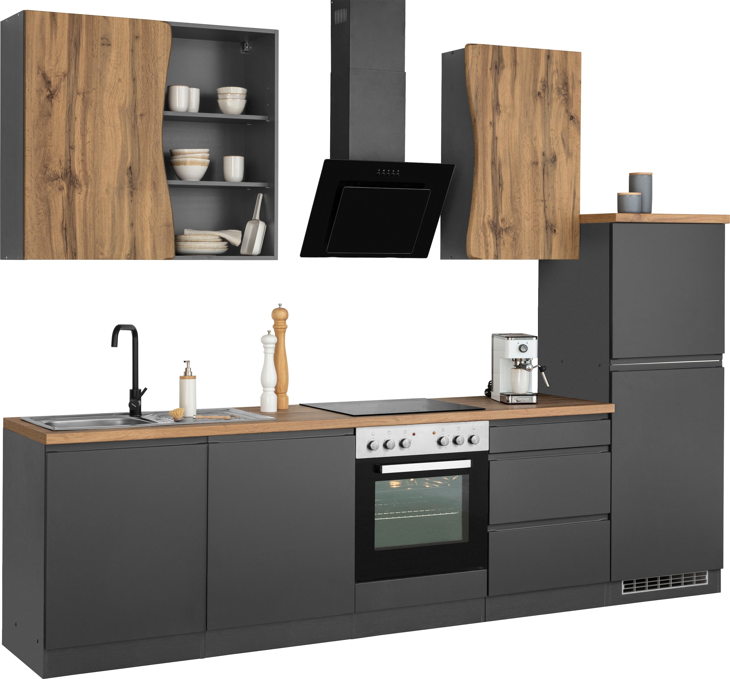 KOCHSTATION Küchenzeile »KS-Bruneck« 300cm breit, wahlweise mit oder ohne E-Geräte, hochwertige MDF-Fronten