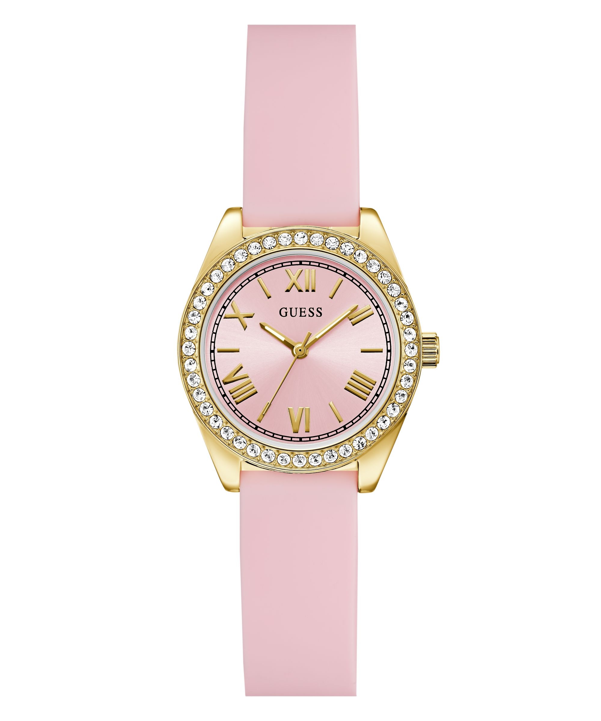 Guess Quarzuhr »GUESS-MINI LUNA GLITZ« Armbanduhr, Damenuhr, Silikonarmband, analog