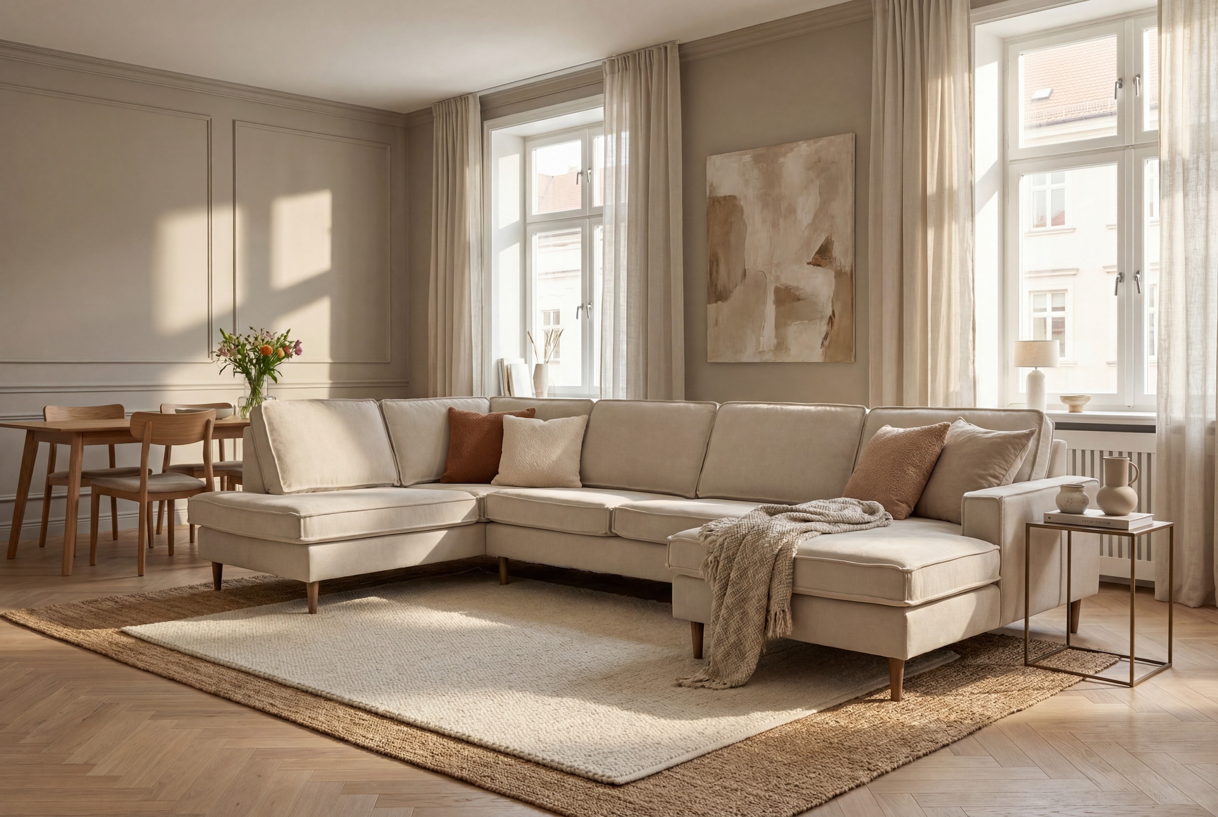 Home affaire Wohnlandschaft »Pinto Skandi, 350 cm, U-Form, XXL, mit Ottomanen« mit Keder, Massivholzfüße Eiche geräuchert, Wellenunterfederung