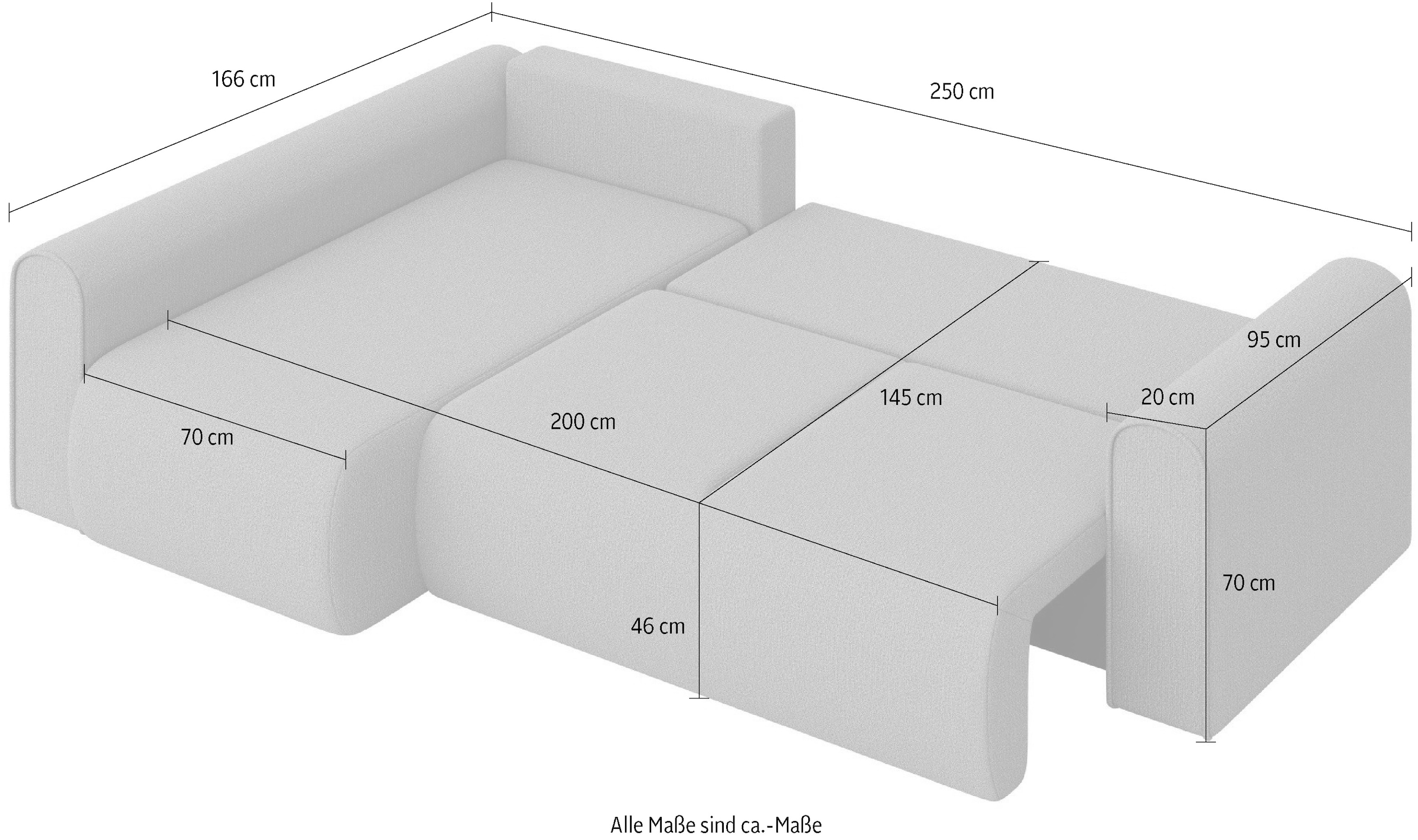 INOSIGN Ecksofa »Ecksofa Zacharia wahlweise mit Bettfunktion, BxTxH 250x166x86 cm«, L-Form mit Wellenunterfederung, Recamiere beidseitig montierbar