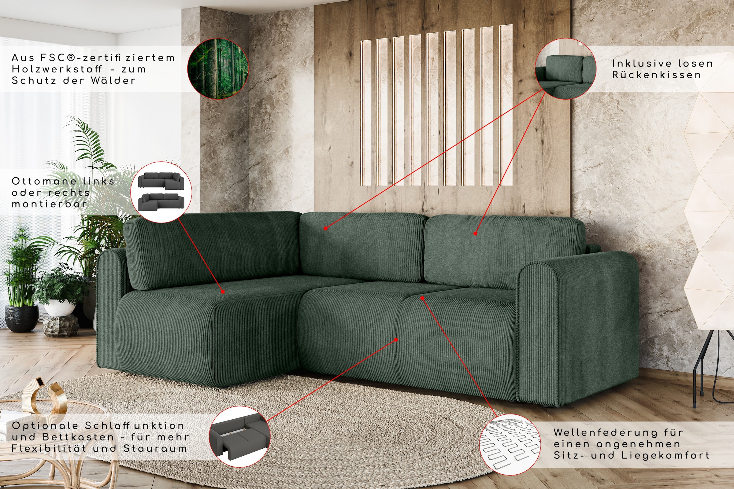 INOSIGN Ecksofa »Ecksofa Zacharia wahlweise mit Bettfunktion, BxTxH 250x166x86 cm«, L-Form mit Wellenunterfederung, Recamiere beidseitig montierbar